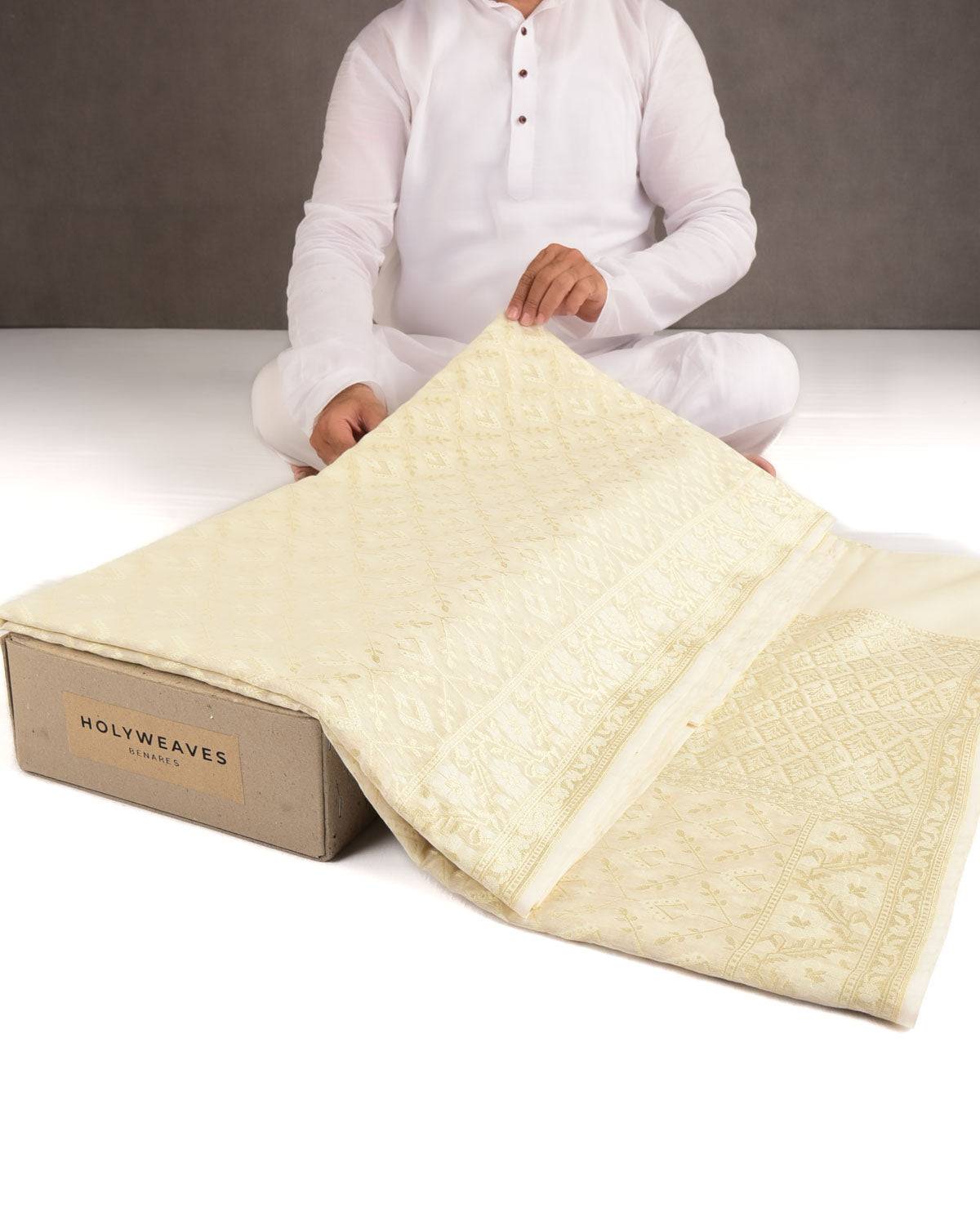 Ivory White Gold Zari & Resham Cutwork Brocade Woven Art Cotton Silk Banarasi Saree-HolyWeaves