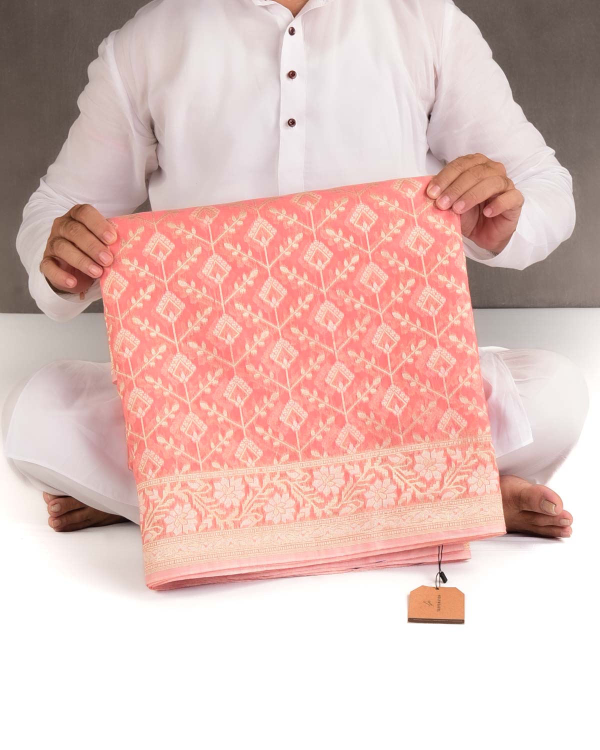 Peach Gold Zari & Resham Cutwork Brocade Woven Art Cotton Silk Banarasi Saree-HolyWeaves