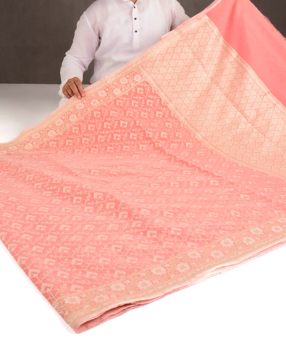 Peach Gold Zari & Resham Cutwork Brocade Woven Art Cotton Silk Banarasi Saree-HolyWeaves