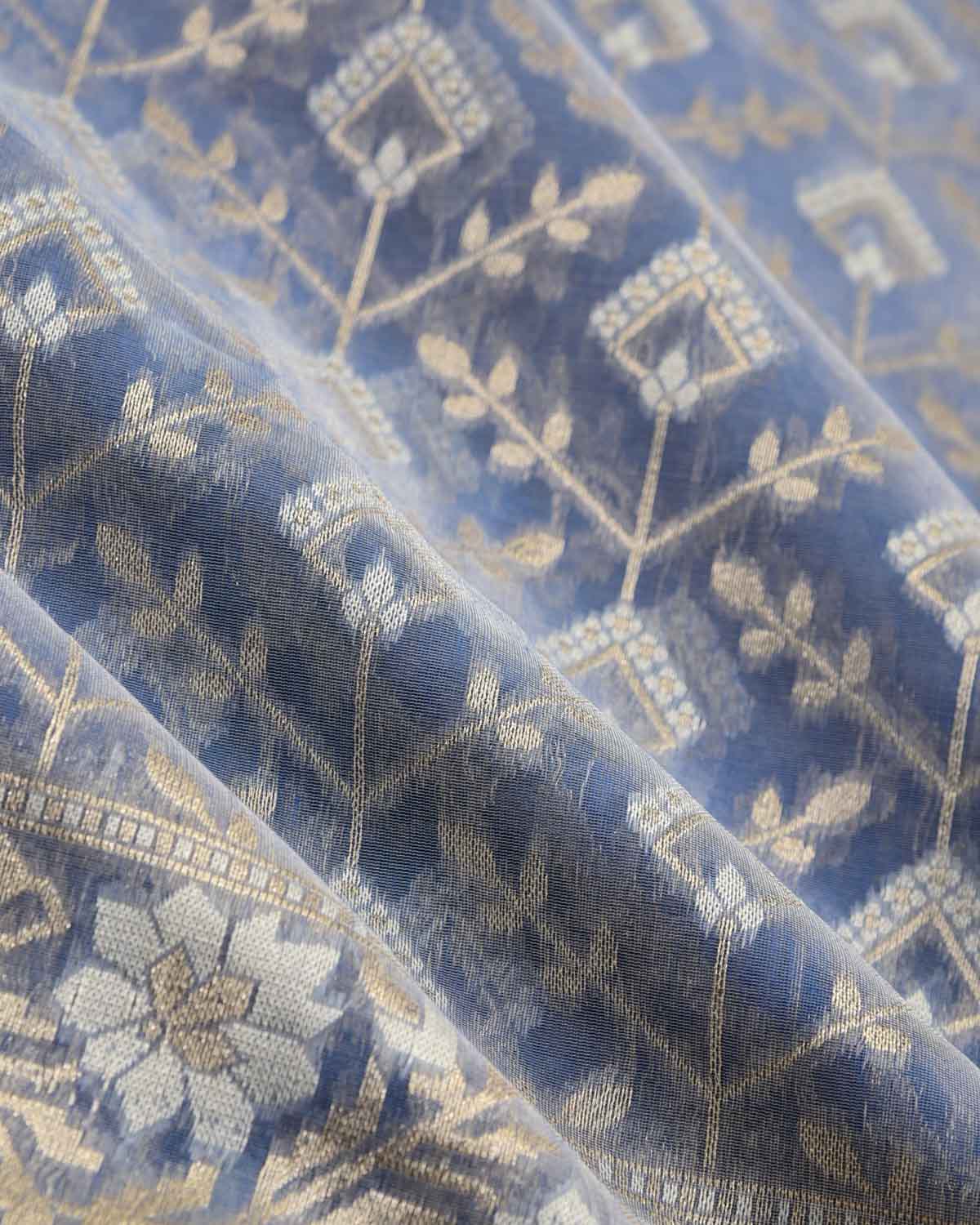 Bluish Gray Gold Zari & Resham Cutwork Brocade Woven Art Cotton Silk Banarasi Saree-HolyWeaves