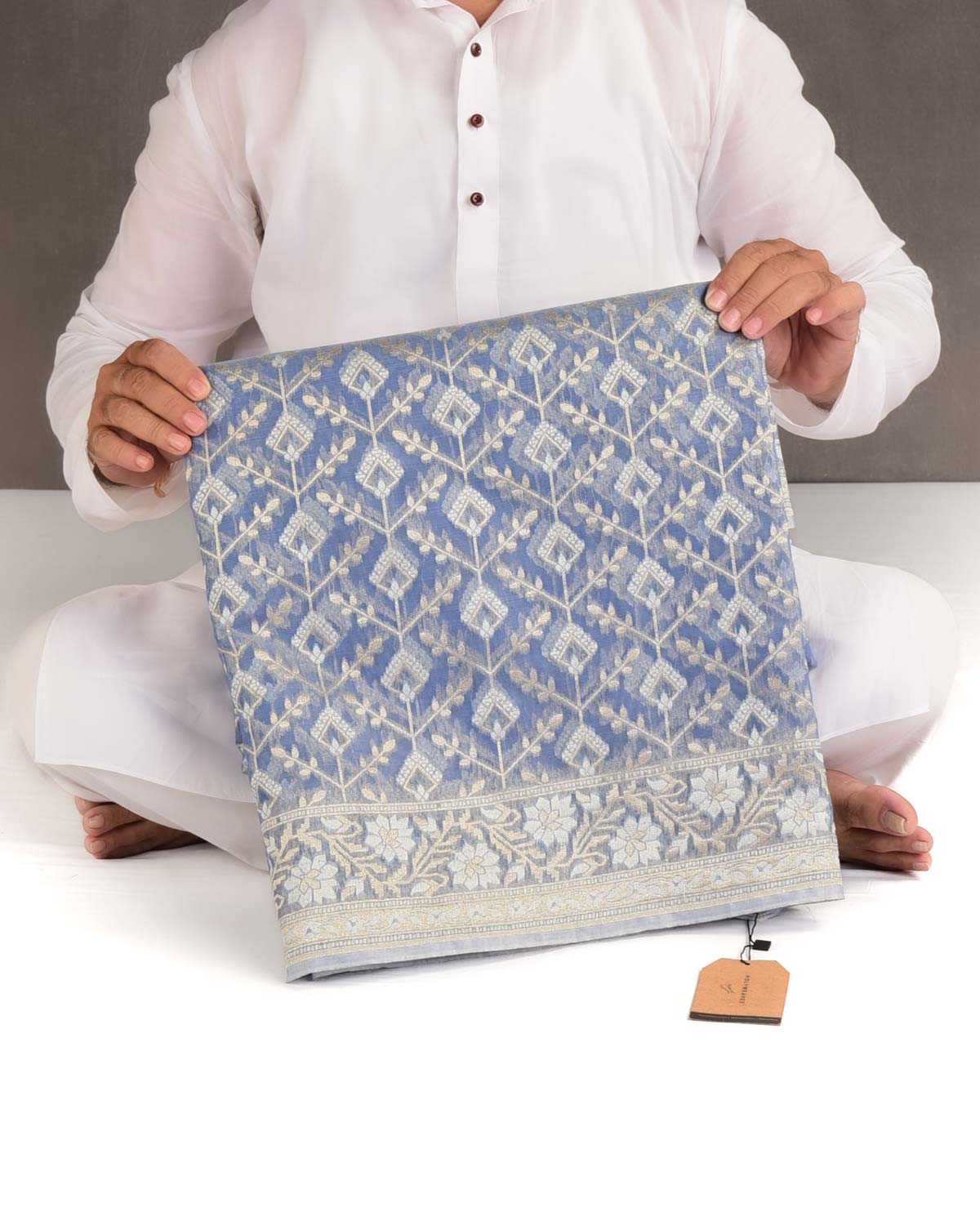 Bluish Gray Gold Zari & Resham Cutwork Brocade Woven Art Cotton Silk Banarasi Saree-HolyWeaves