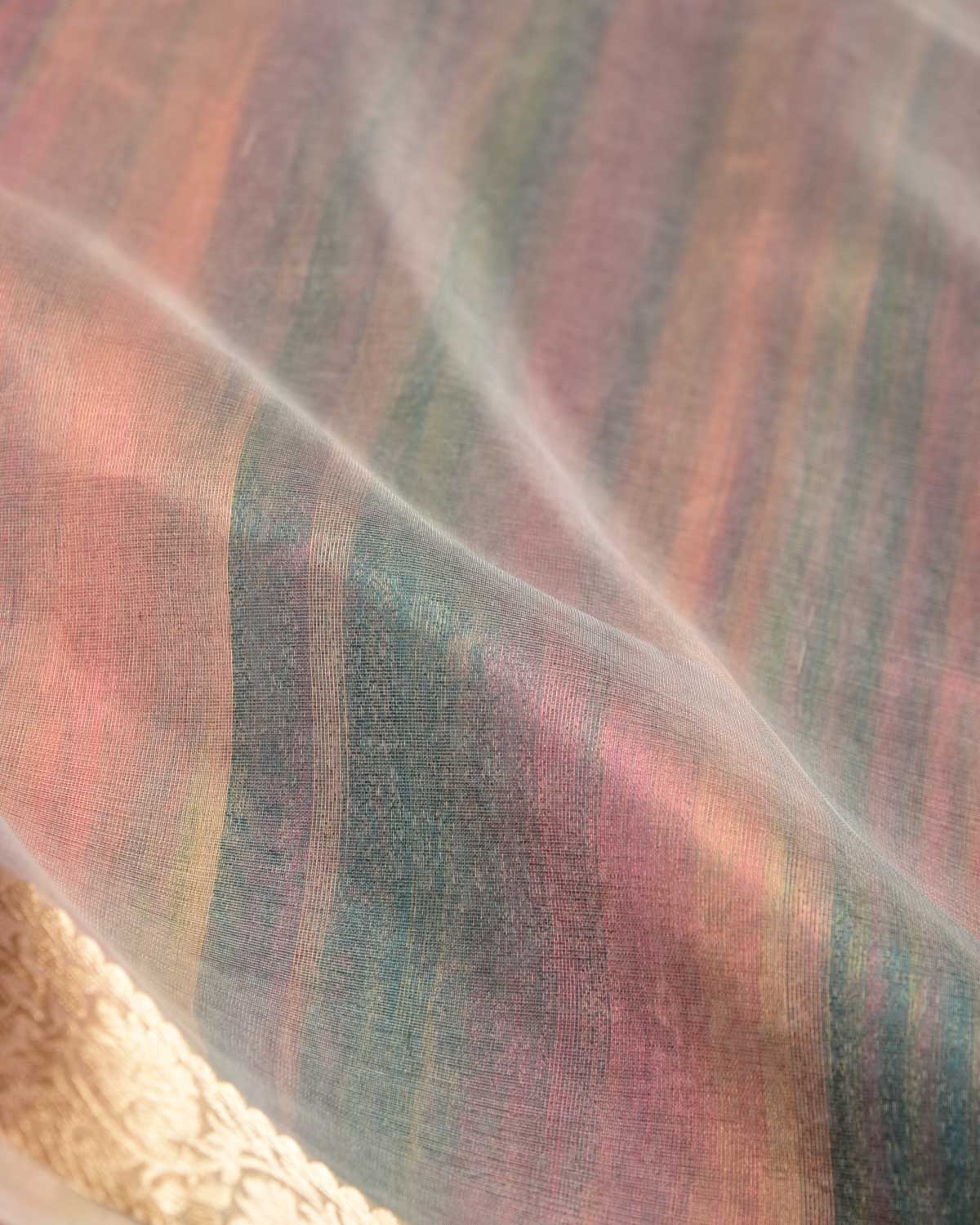 Variegated Multi-color Zari Brocade Woven Kora Tissue Saree-HolyWeaves