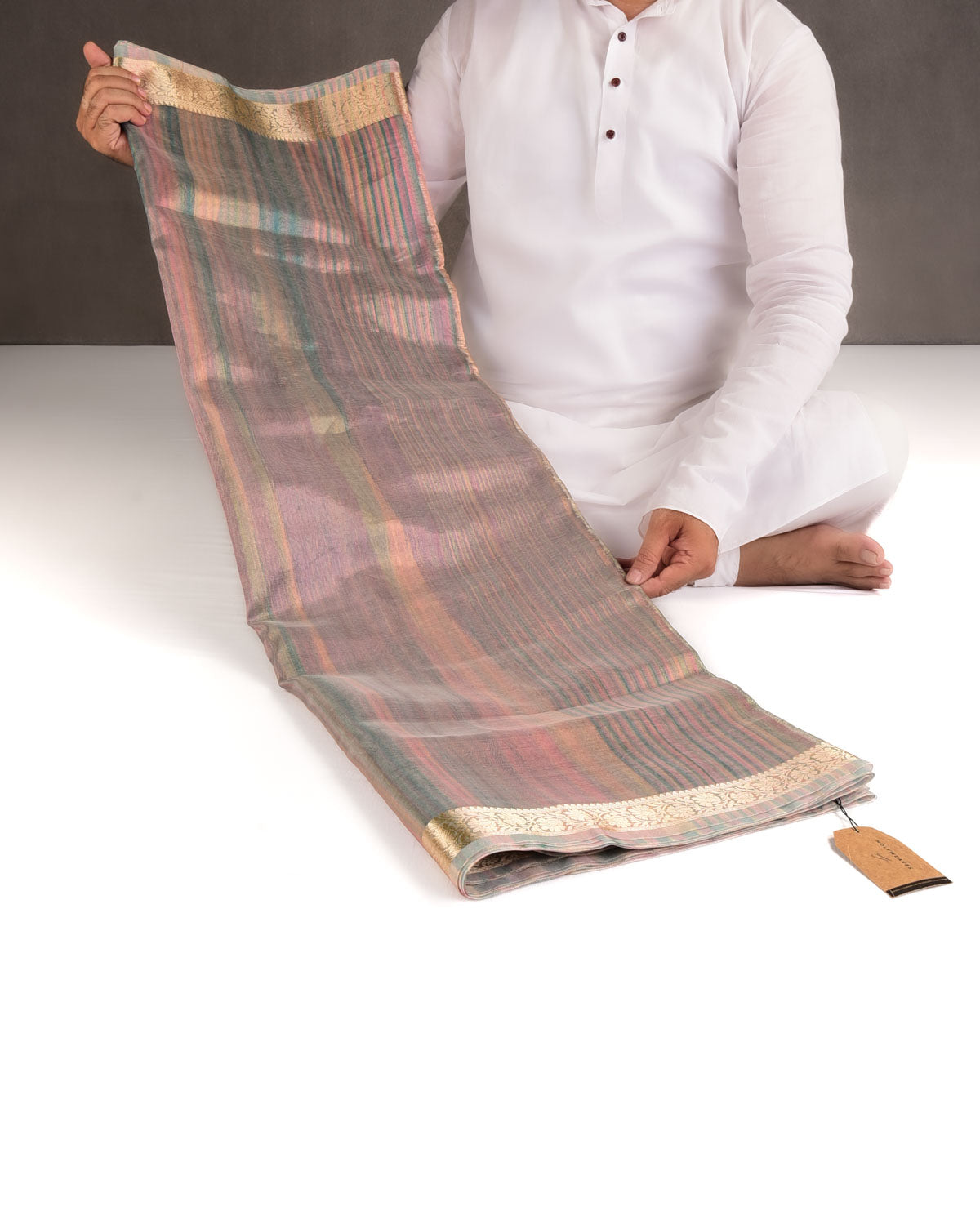 Variegated Multi-color Zari Brocade Woven Kora Tissue Saree-HolyWeaves