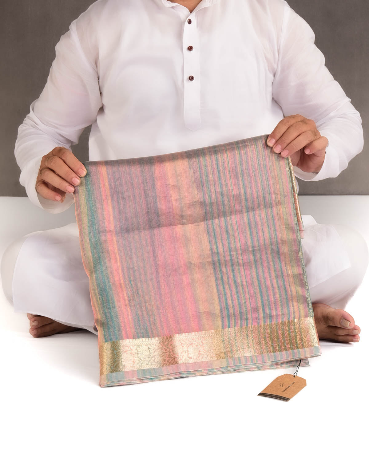 Variegated Multi-color Zari Brocade Woven Kora Tissue Saree-HolyWeaves