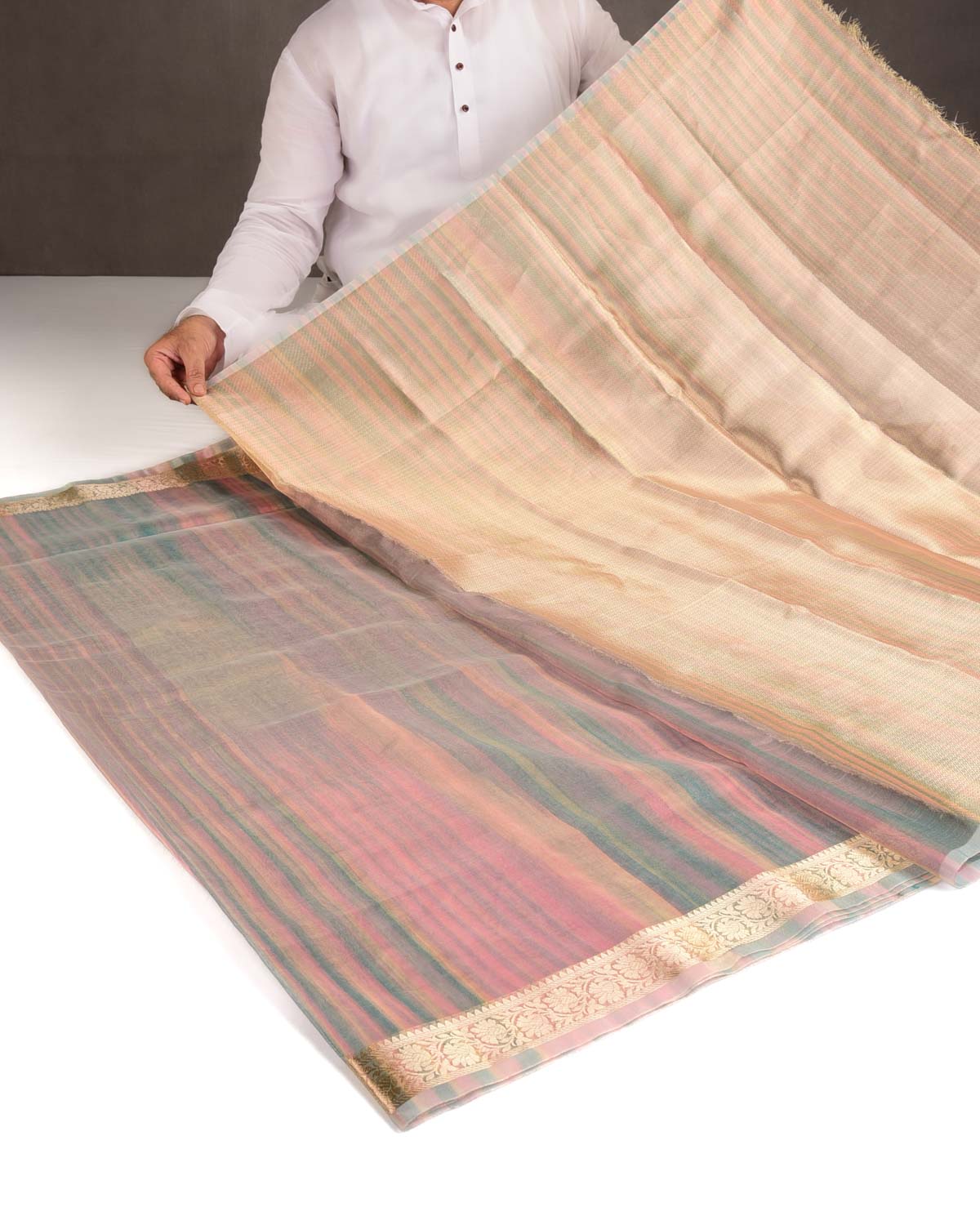 Variegated Multi-color Zari Brocade Woven Kora Tissue Saree-HolyWeaves
