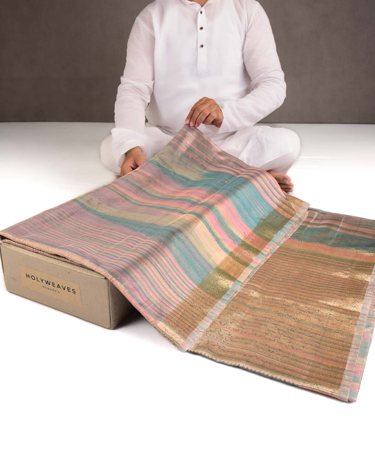 Variegated Multi-color Zari Brocade Woven Kora Tissue Saree-HolyWeaves