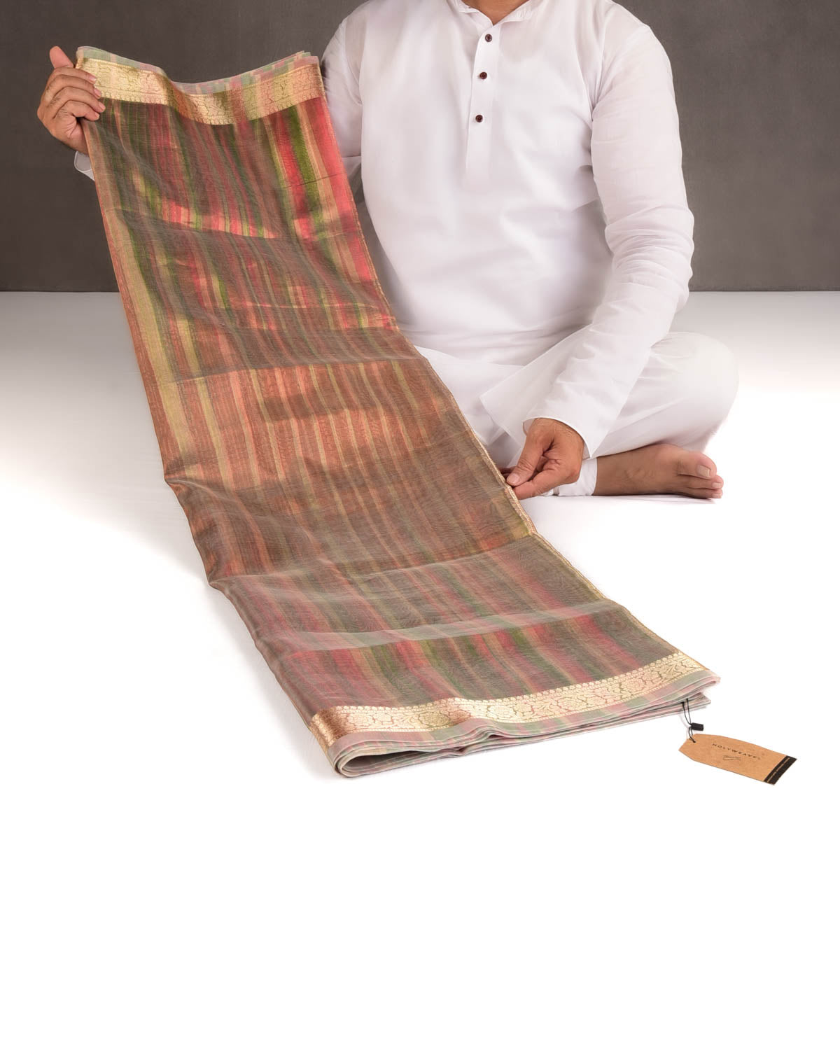 Variegated Multi-color Zari Brocade Woven Kora Tissue Saree-HolyWeaves