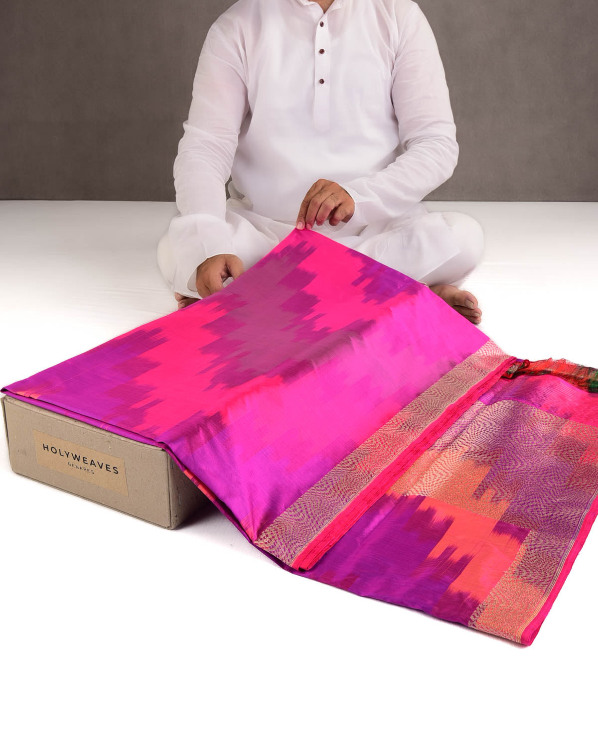 Rainbow Pink Kadhuan Brocade Handwoven Katan Silk Banarasi Saree-HolyWeaves