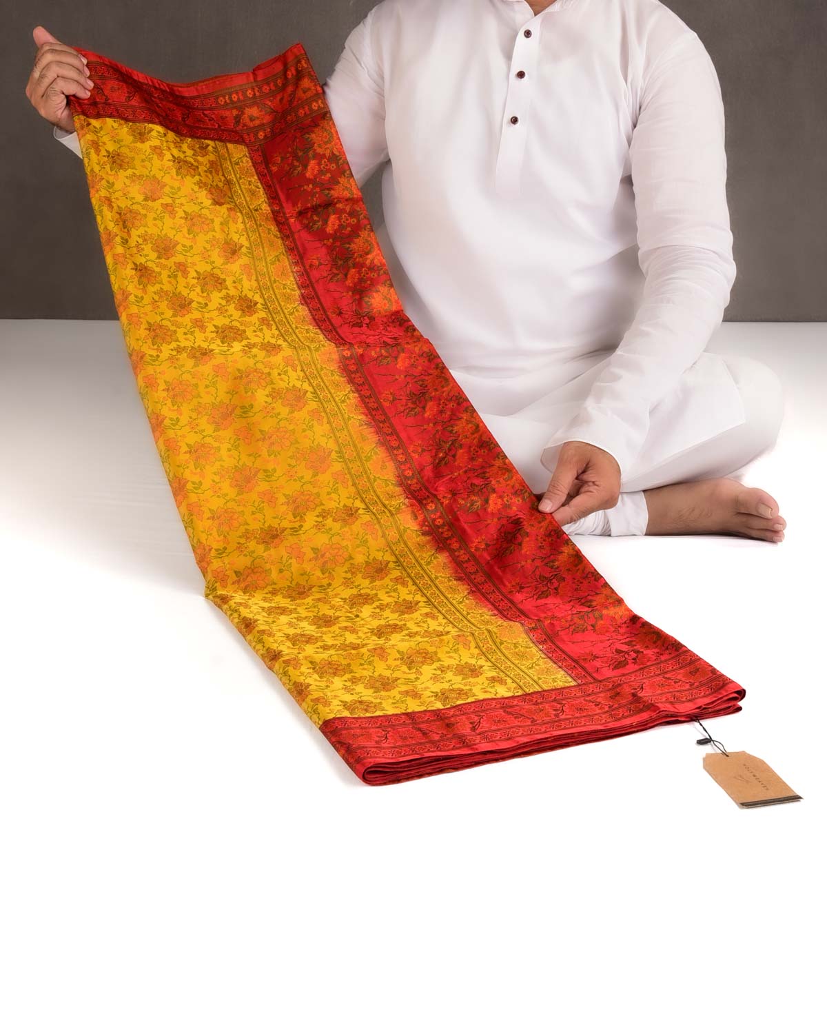 Mustard Yellow Floral Satin Tanchoi Jamawar Handwoven Katan Silk Banarasi Saree with Contrast Red Border Pallu-HolyWeaves