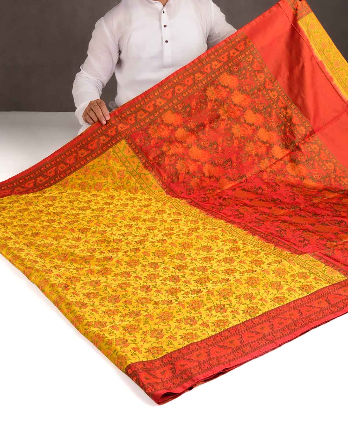 Mustard Yellow Floral Satin Tanchoi Jamawar Handwoven Katan Silk Banarasi Saree with Contrast Red Border Pallu-HolyWeaves
