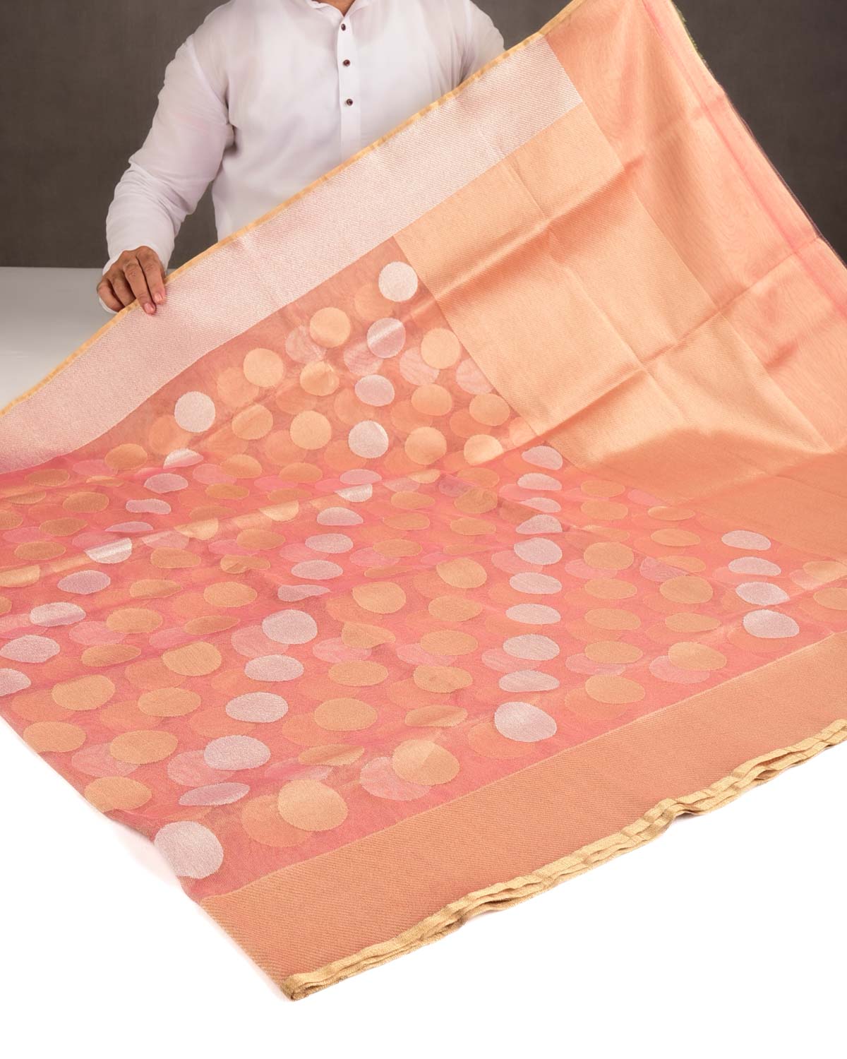 Metallic Garnet Gold and Silver Zari Big Polka Kadhuan Brocade Handwoven Net Tissue Banarasi Saree-HolyWeaves