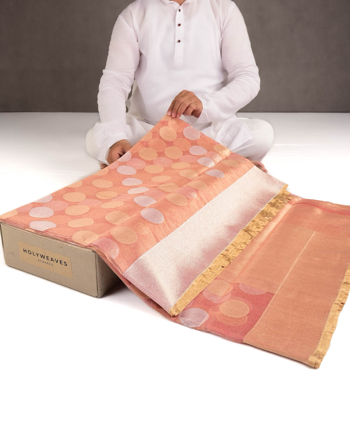 Metallic Garnet Gold and Silver Zari Big Polka Kadhuan Brocade Handwoven Net Tissue Banarasi Saree-HolyWeaves