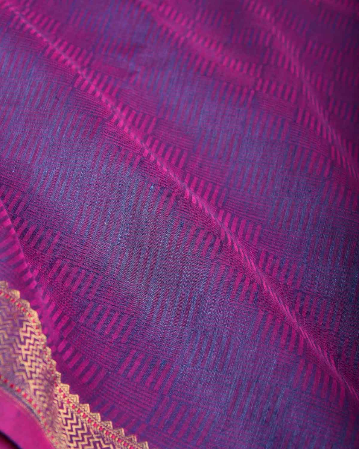 Blue On Pink Chequered Grids WATERMARK Brocade Handwoven Linen Silk Banarasi Saree-HolyWeaves