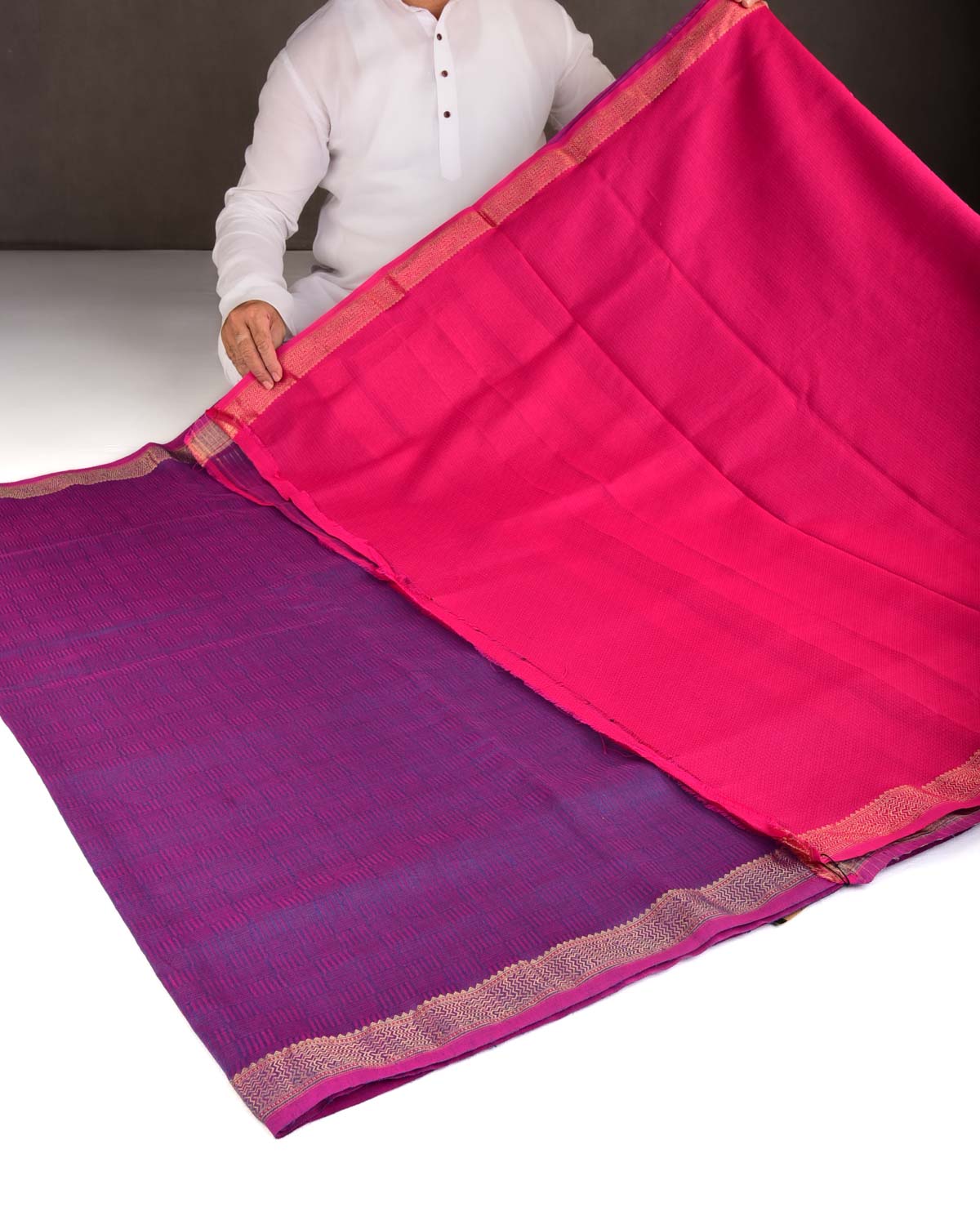 Blue On Pink Chequered Grids WATERMARK Brocade Handwoven Linen Silk Banarasi Saree-HolyWeaves