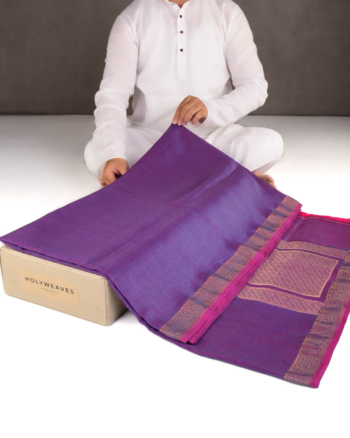 Blue On Pink Chequered Grids WATERMARK Brocade Handwoven Linen Silk Banarasi Saree-HolyWeaves