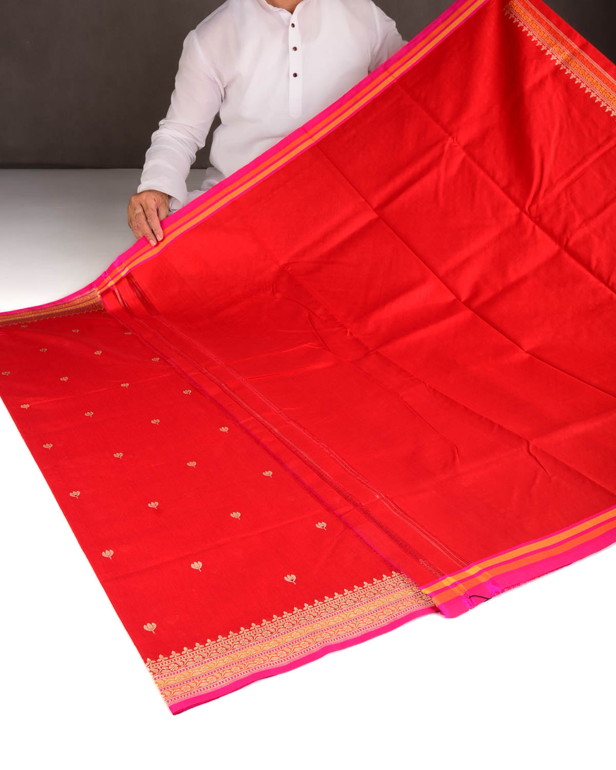 Bridal Red Gold Zari & Resham Buti Kadhuan Brocade Handwoven Cotton Silk Banarasi Saree-HolyWeaves