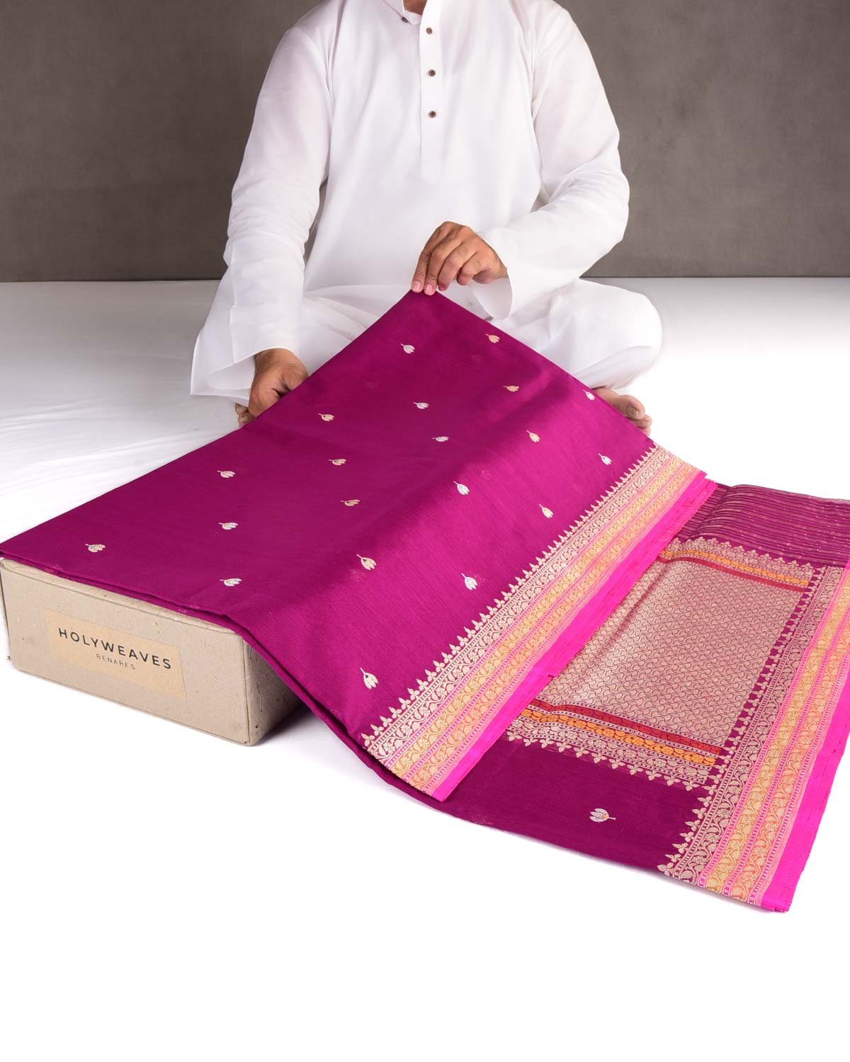 Magenta Gold Zari & Resham Buti Kadhuan Brocade Handwoven Cotton Silk Banarasi Saree
