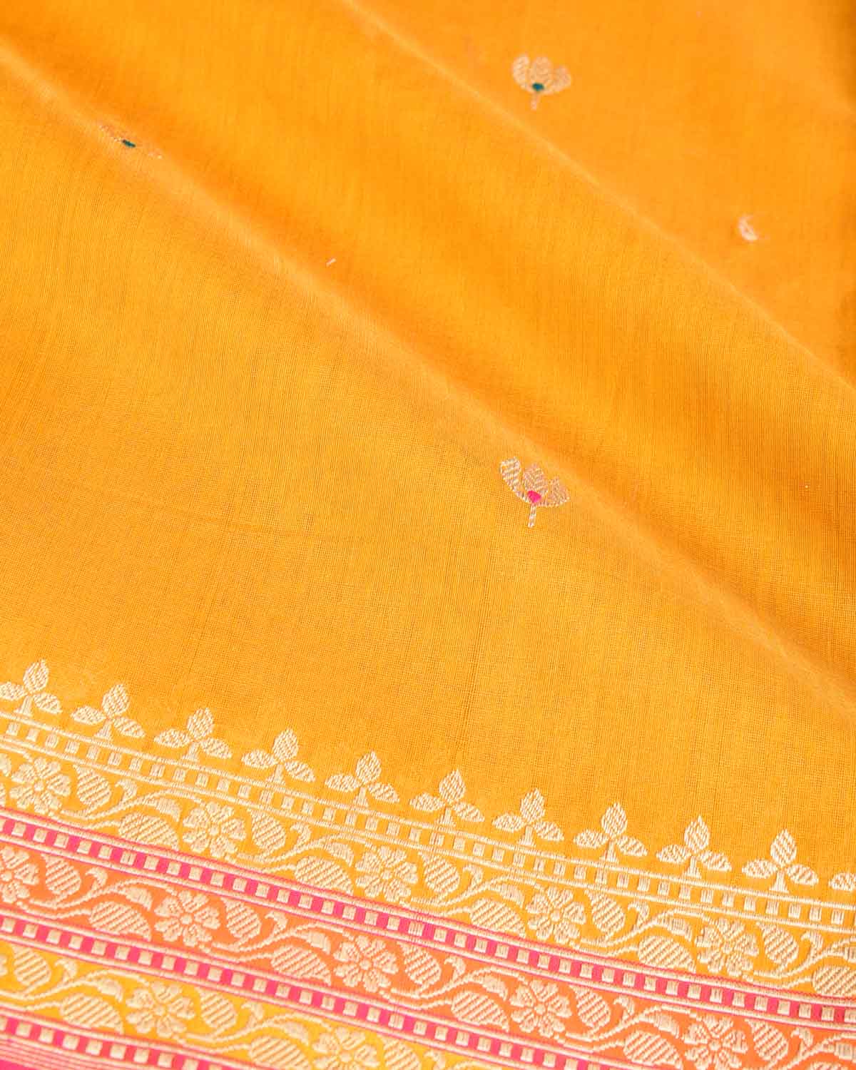 Mustard Yellow Gold Zari & Resham Buti Kadhuan Brocade Handwoven Cotton Silk Banarasi Saree
