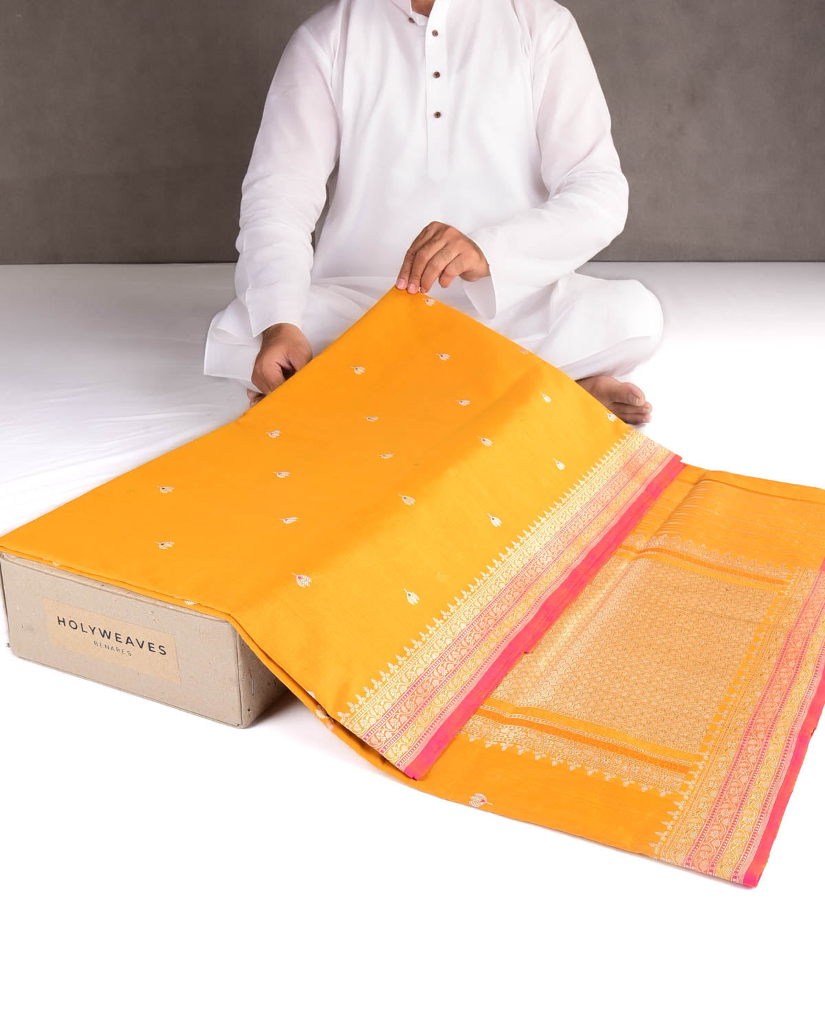Mustard Yellow Gold Zari & Resham Buti Kadhuan Brocade Handwoven Cotton Silk Banarasi Saree