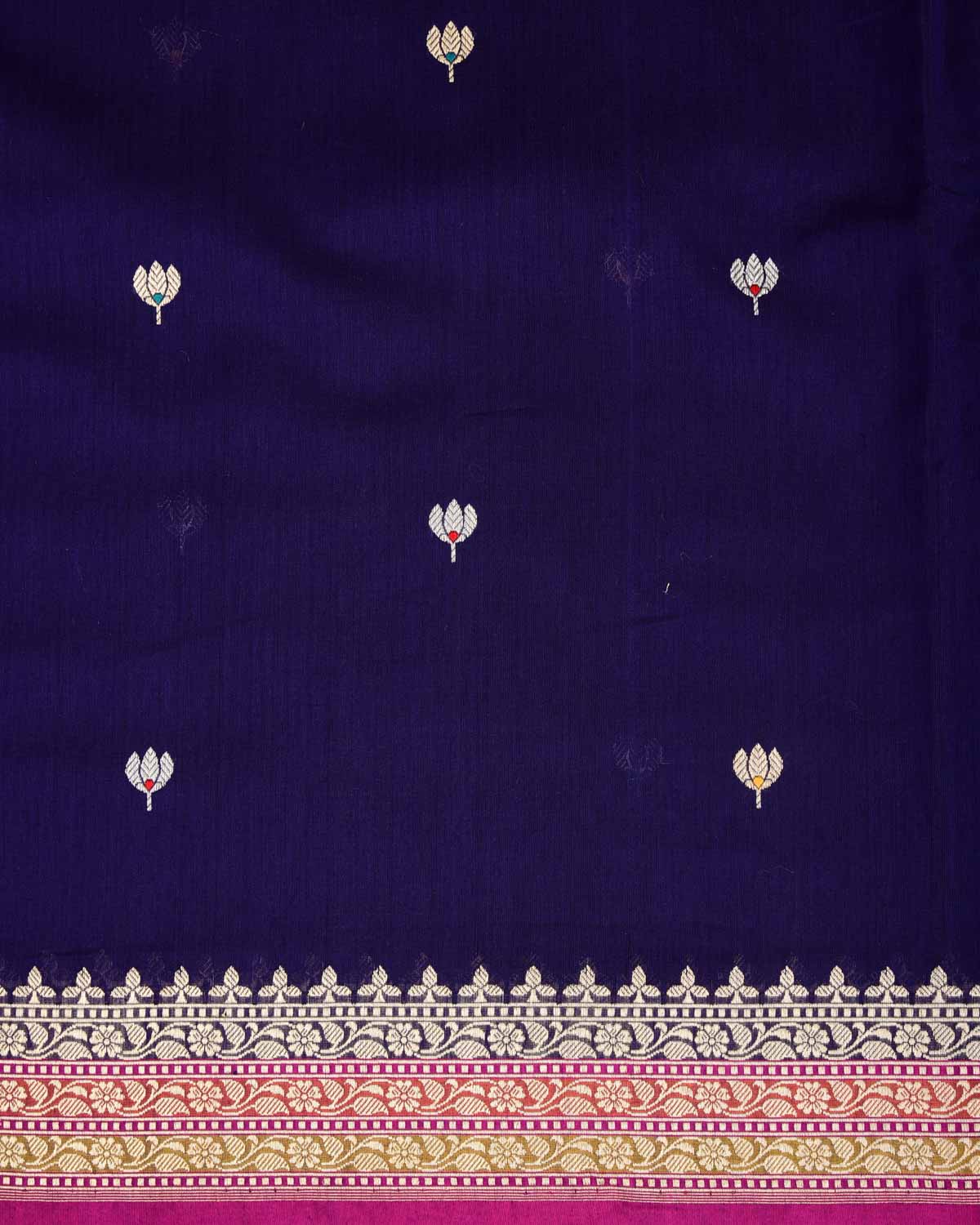 Purple Gold & Silver Zari & Resham Kamal Buti Kadhuan Brocade Handwoven Cotton Silk Banarasi Saree