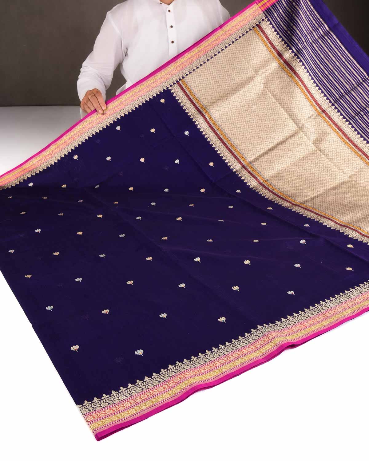Purple Gold & Silver Zari & Resham Kamal Buti Kadhuan Brocade Handwoven Cotton Silk Banarasi Saree