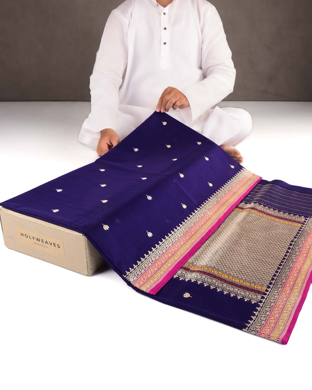 Purple Gold & Silver Zari & Resham Kamal Buti Kadhuan Brocade Handwoven Cotton Silk Banarasi Saree