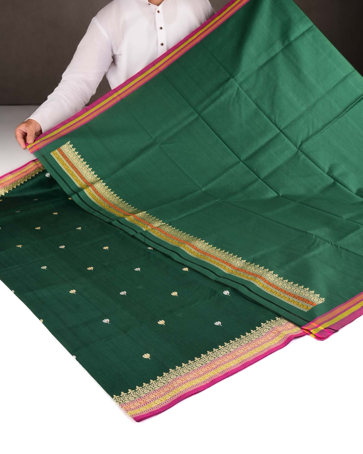 Bottle Green Gold & Silver Zari & Resham Kamal Buti Kadhuan Brocade Handwoven Cotton Silk Banarasi Saree
