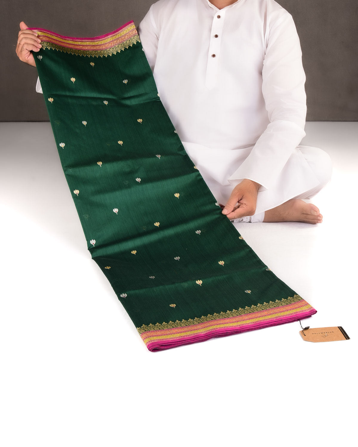 Bottle Green Gold & Silver Zari & Resham Kamal Buti Kadhuan Brocade Handwoven Cotton Silk Banarasi Saree