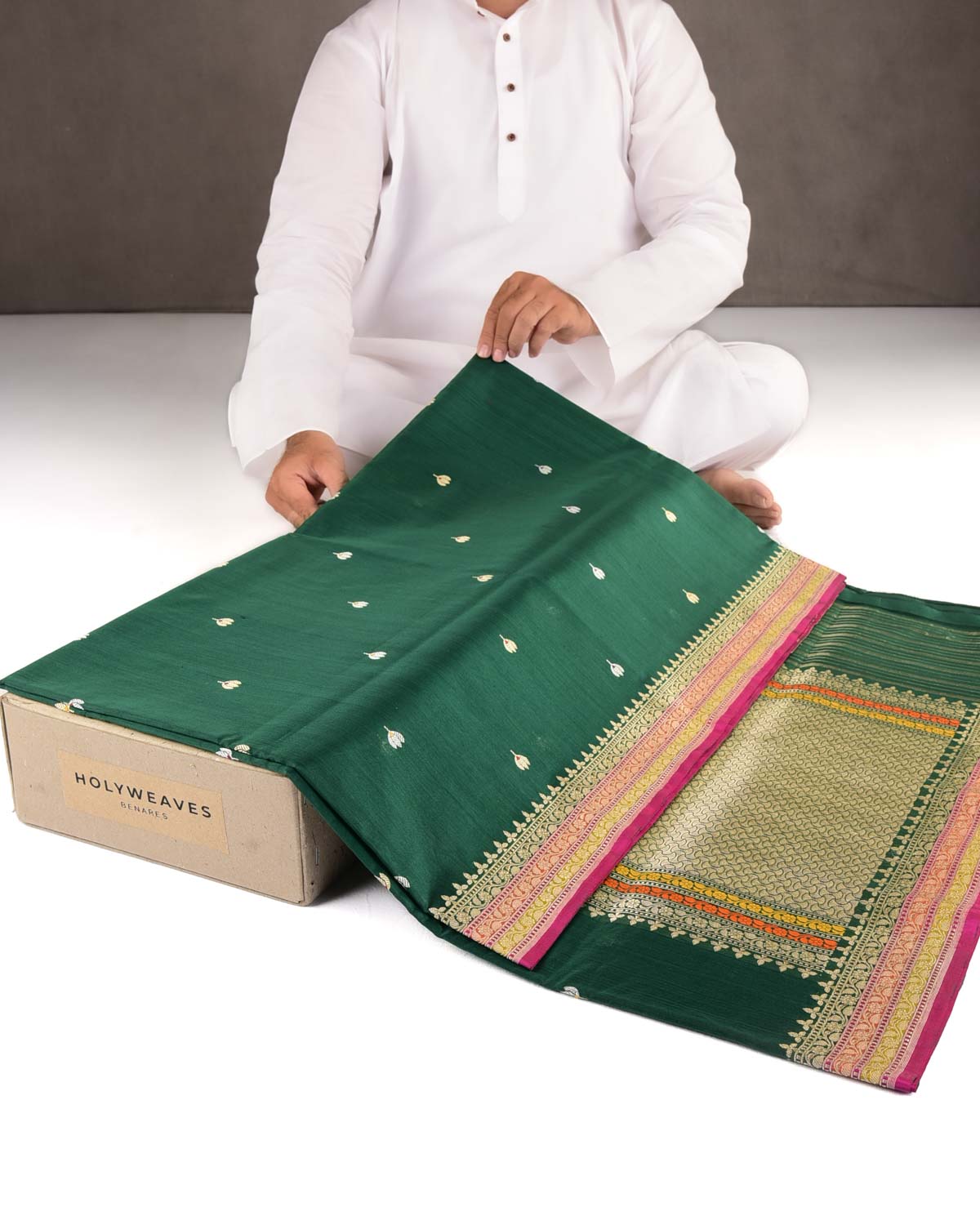 Bottle Green Gold & Silver Zari & Resham Kamal Buti Kadhuan Brocade Handwoven Cotton Silk Banarasi Saree