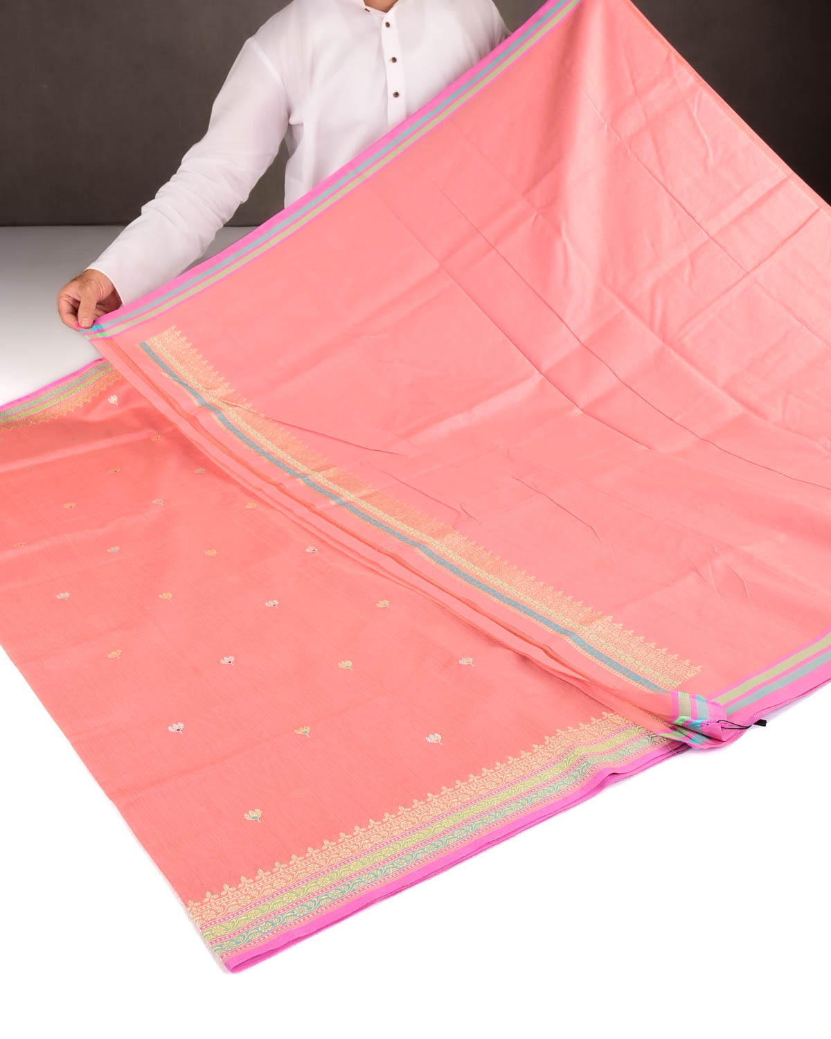 Peach Gold & Silver Zari & Resham Kamal Buti Kadhuan Brocade Handwoven Cotton Silk Banarasi Saree