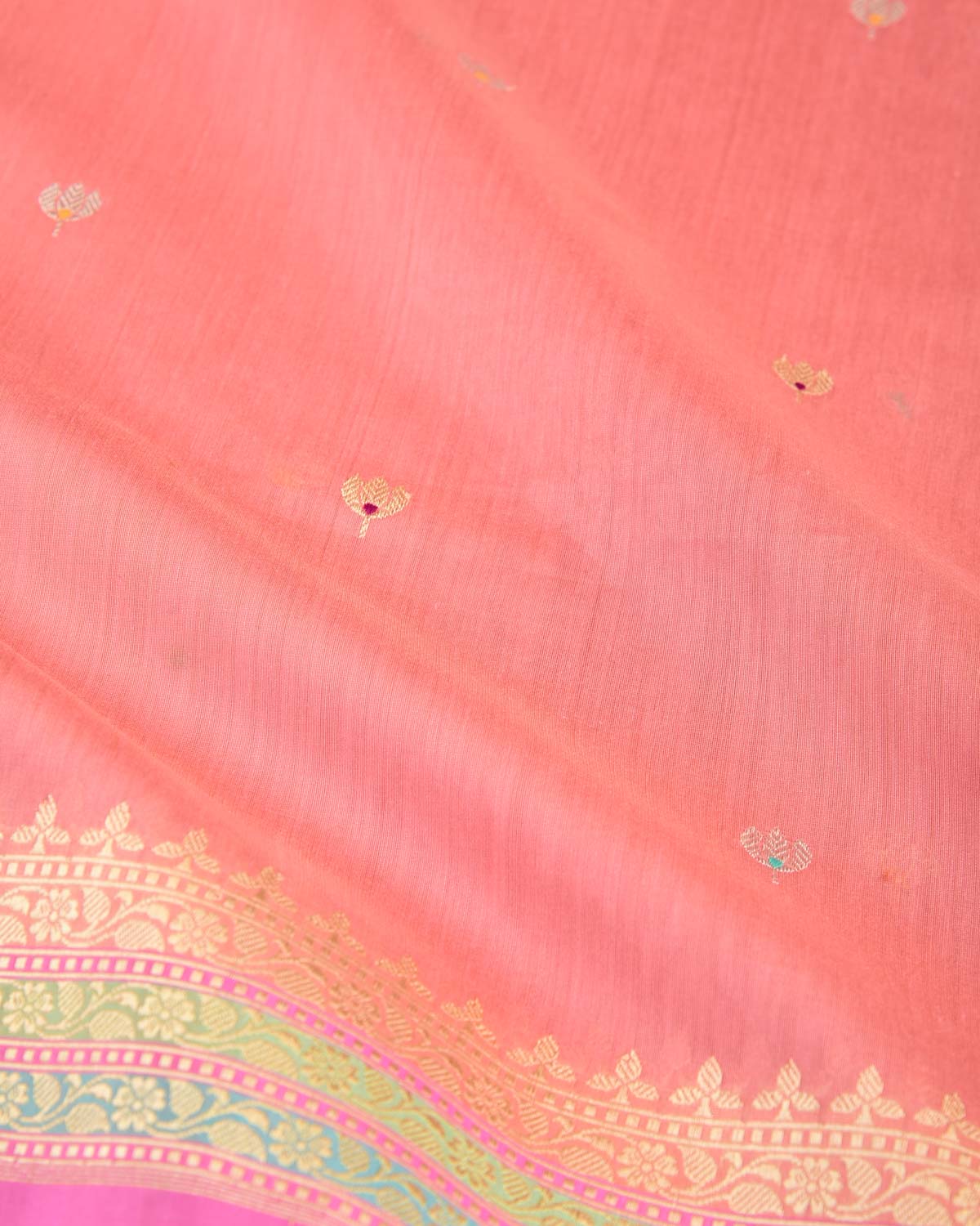 Peach Gold & Silver Zari & Resham Kamal Buti Kadhuan Brocade Handwoven Cotton Silk Banarasi Saree