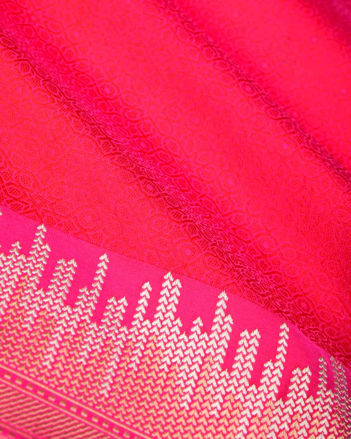 Shot Red-Pink Gold & Silver Zari Tanchoi Kadhuan Brocade Handwoven Katan Silk Banarasi Saree-HolyWeaves