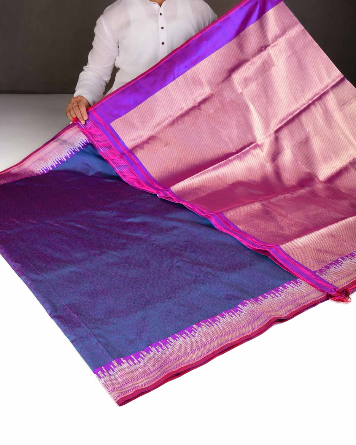 Shot Pink-Blue Mosaic Kadhuan Brocade Handwoven Katan Silk Banarasi Saree-HolyWeaves