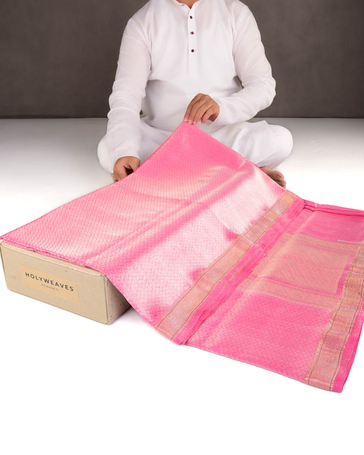 Metallic Pink Silver Zari Herringbone WATERMARK Brocade Handwoven Kora Tissue Banarasi Saree-HolyWeaves