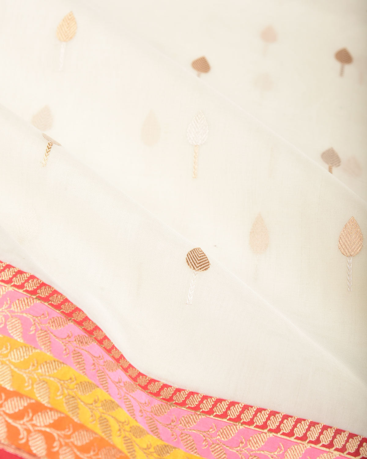 Ivory White Gold & Silver Zari Leaf Buti Kadhuan Brocade Handwoven Kora Silk Banarasi Saree with Multi-color Border Pallu-HolyWeaves