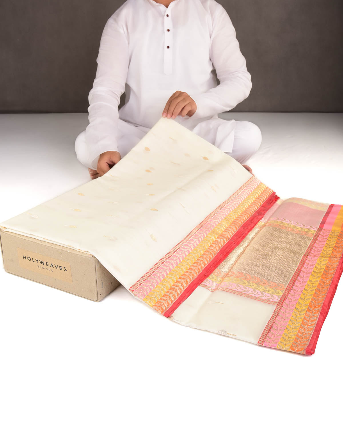 Ivory White Gold & Silver Zari Leaf Buti Kadhuan Brocade Handwoven Kora Silk Banarasi Saree with Multi-color Border Pallu-HolyWeaves