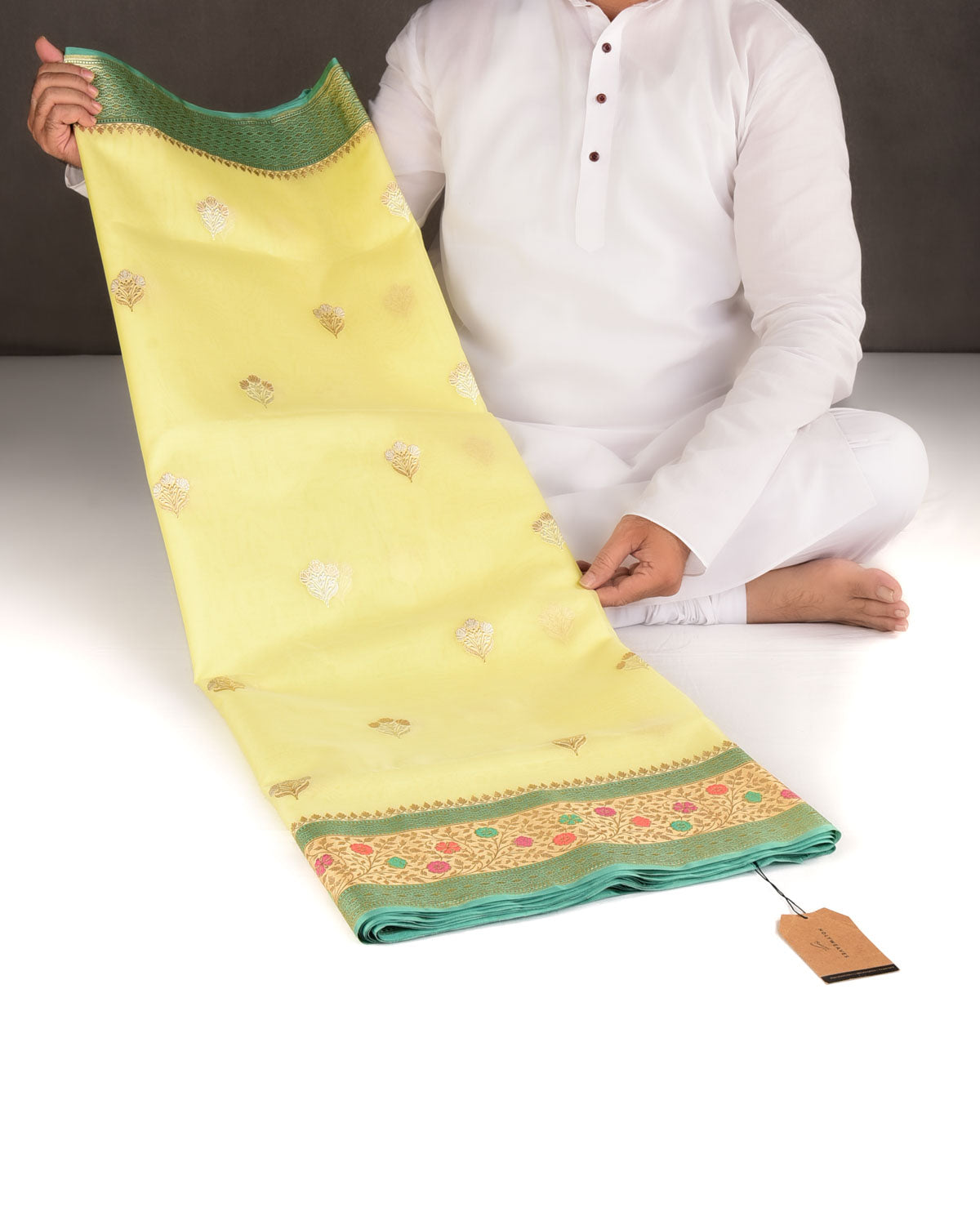 Lemon Yellow Gold & Silver Zari Buti Kadhuan Brocade Handwoven Kora Silk Banarasi Saree with Meenekari Border Pallu-HolyWeaves