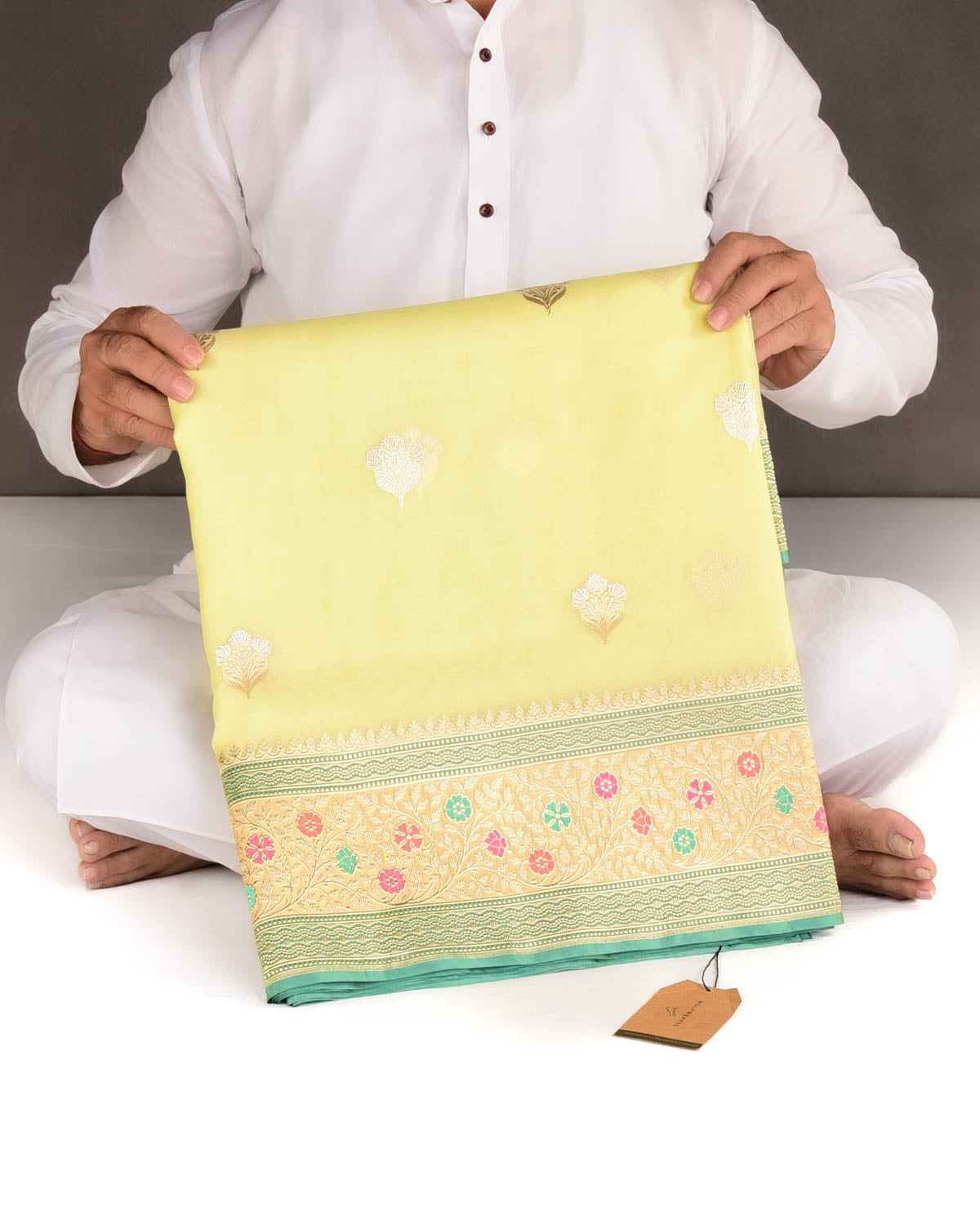 Lemon Yellow Gold & Silver Zari Buti Kadhuan Brocade Handwoven Kora Silk Banarasi Saree with Meenekari Border Pallu-HolyWeaves