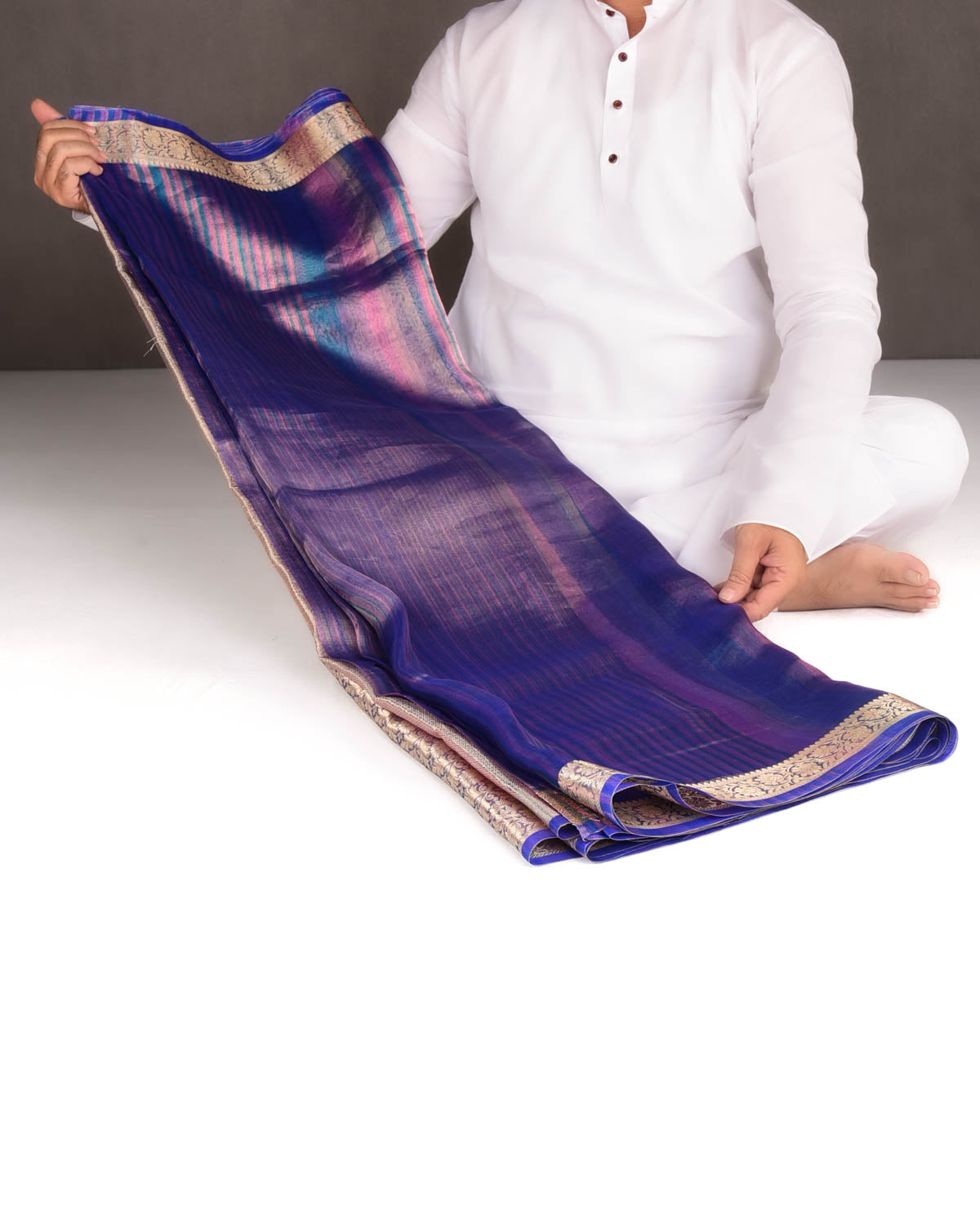 Variegated Metallic Blue Zari Brocade Woven Kora Tissue Saree-HolyWeaves
