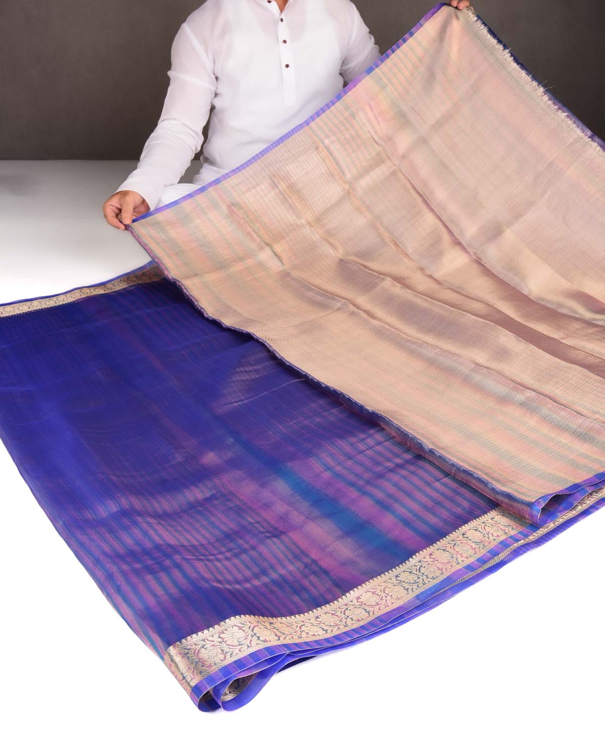 Variegated Metallic Blue Zari Brocade Woven Kora Tissue Saree-HolyWeaves