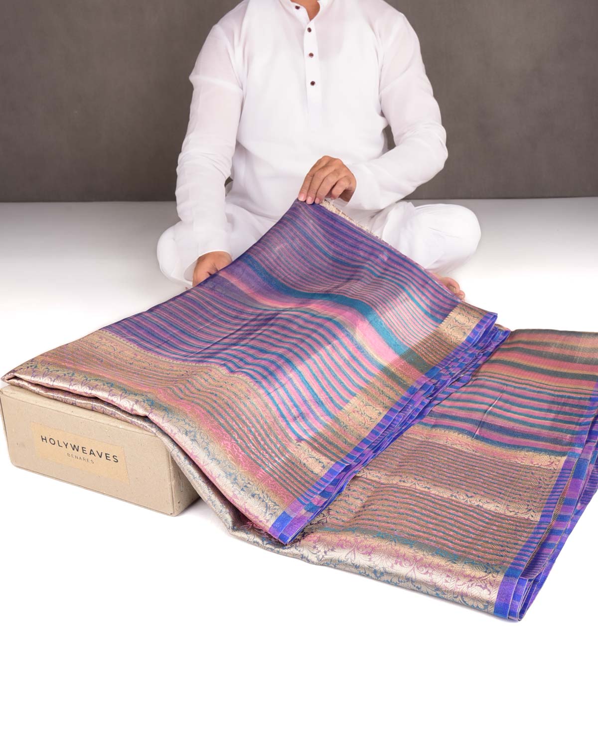 Variegated Metallic Blue Zari Brocade Woven Kora Tissue Saree-HolyWeaves