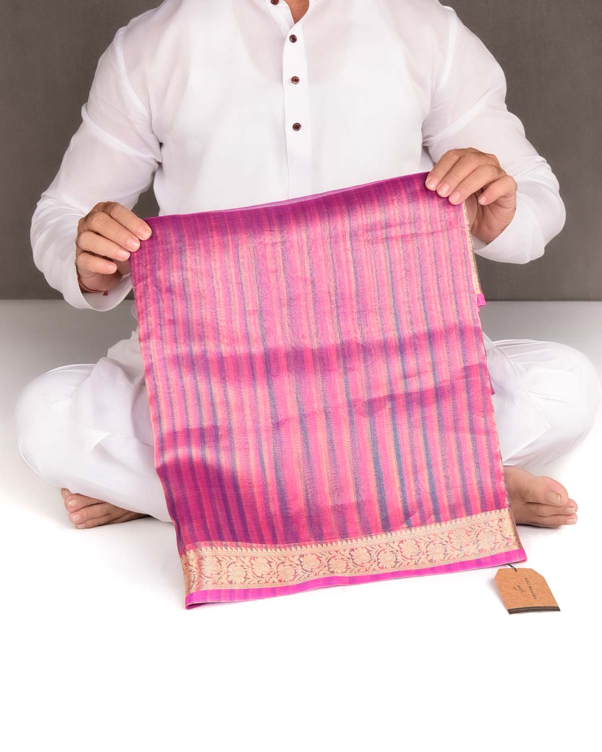 Variegated Metallic Pink Zari Brocade Woven Kora Tissue Saree-HolyWeaves