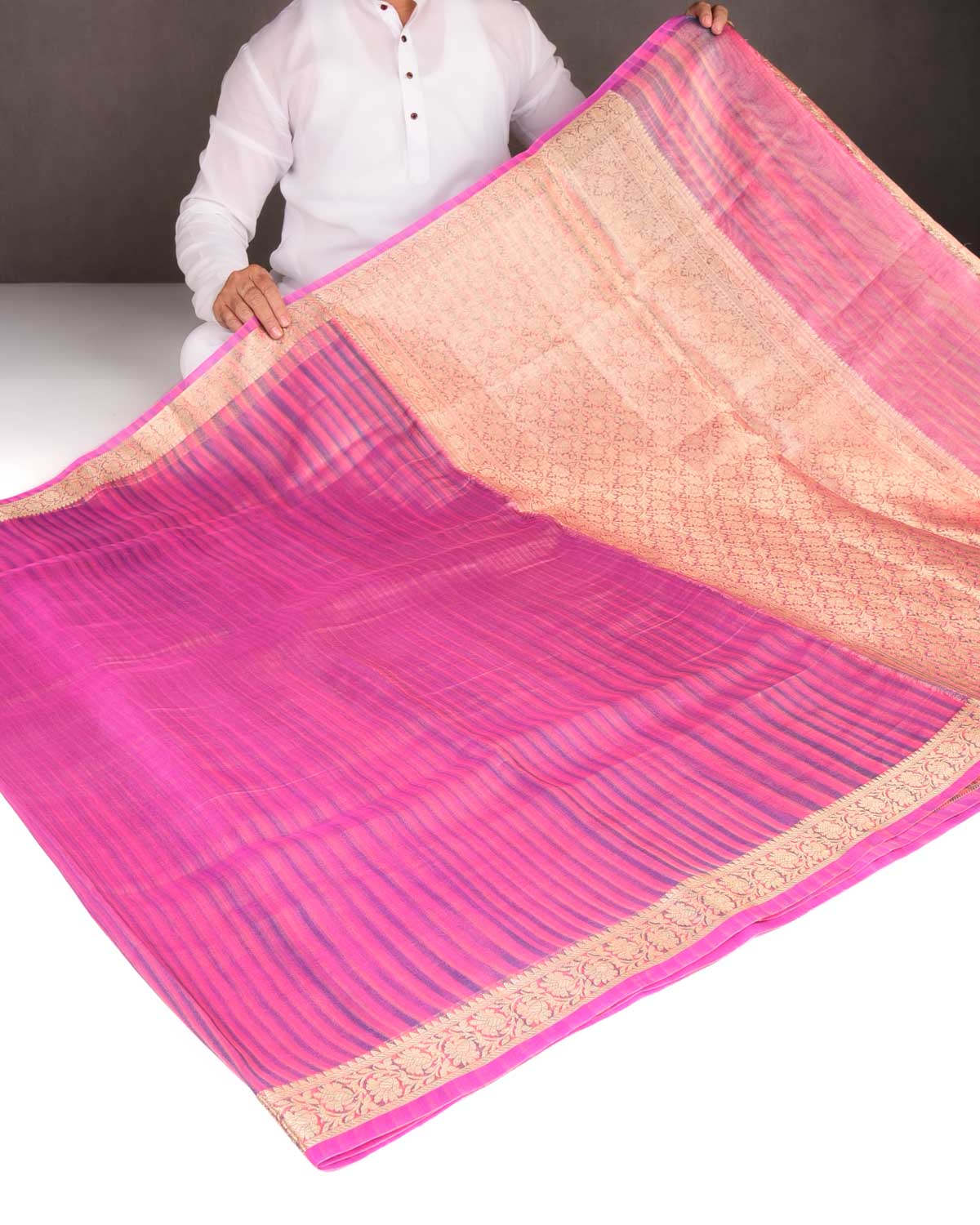 Variegated Metallic Pink Zari Brocade Woven Kora Tissue Saree-HolyWeaves