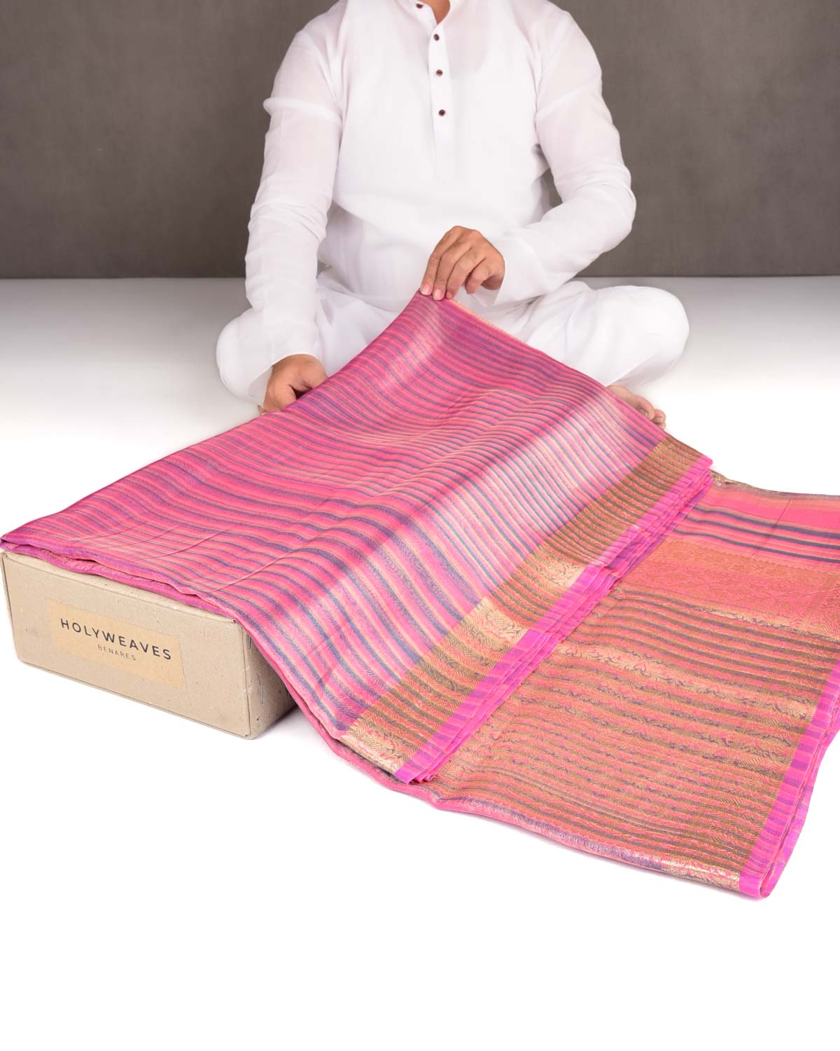 Variegated Metallic Pink Zari Brocade Woven Kora Tissue Saree-HolyWeaves