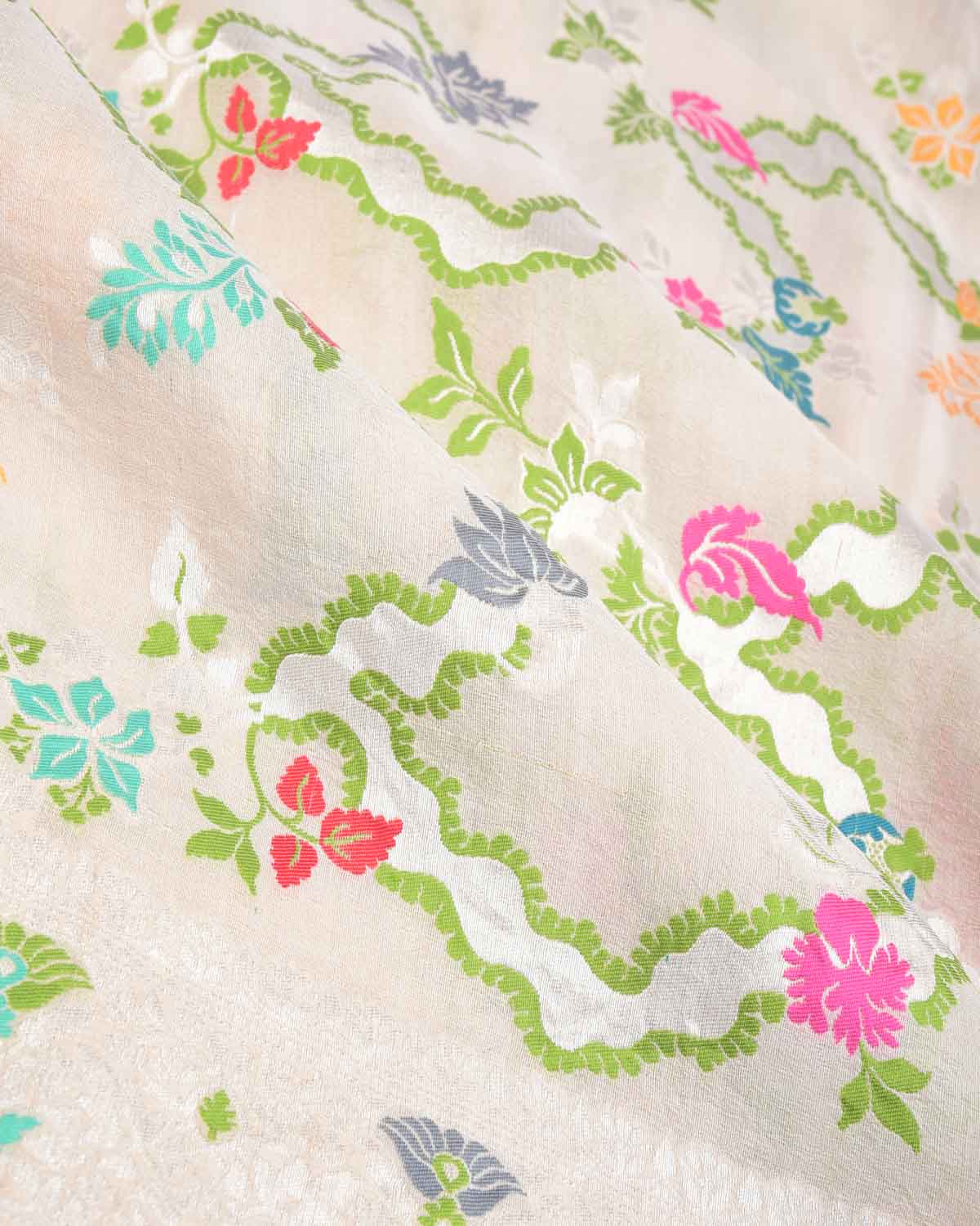 Beige Silver Zari & Resham Floral Jaal Cutwork Brocade Handwoven Tasar Georgette Banarasi Saree-HolyWeaves