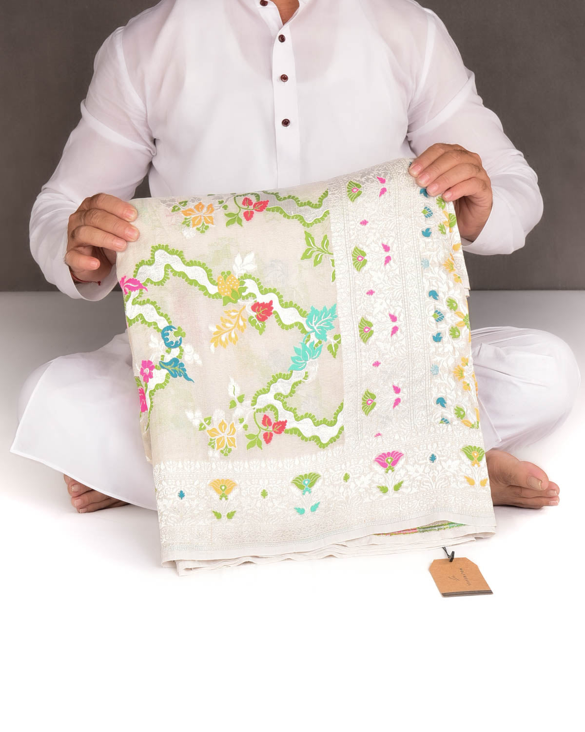 Beige Silver Zari & Resham Floral Jaal Cutwork Brocade Handwoven Tasar Georgette Banarasi Saree-HolyWeaves