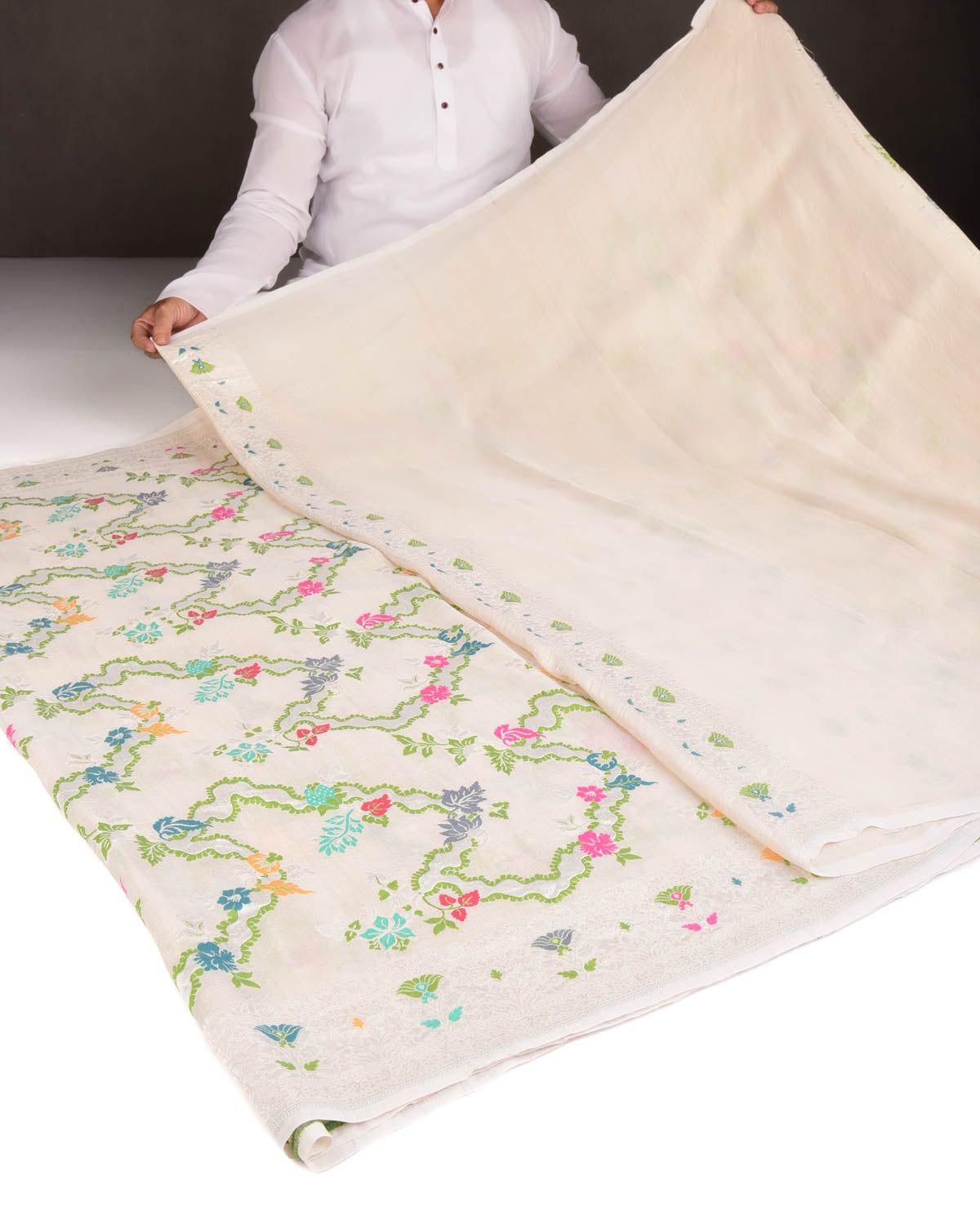 Beige Silver Zari & Resham Floral Jaal Cutwork Brocade Handwoven Tasar Georgette Banarasi Saree-HolyWeaves