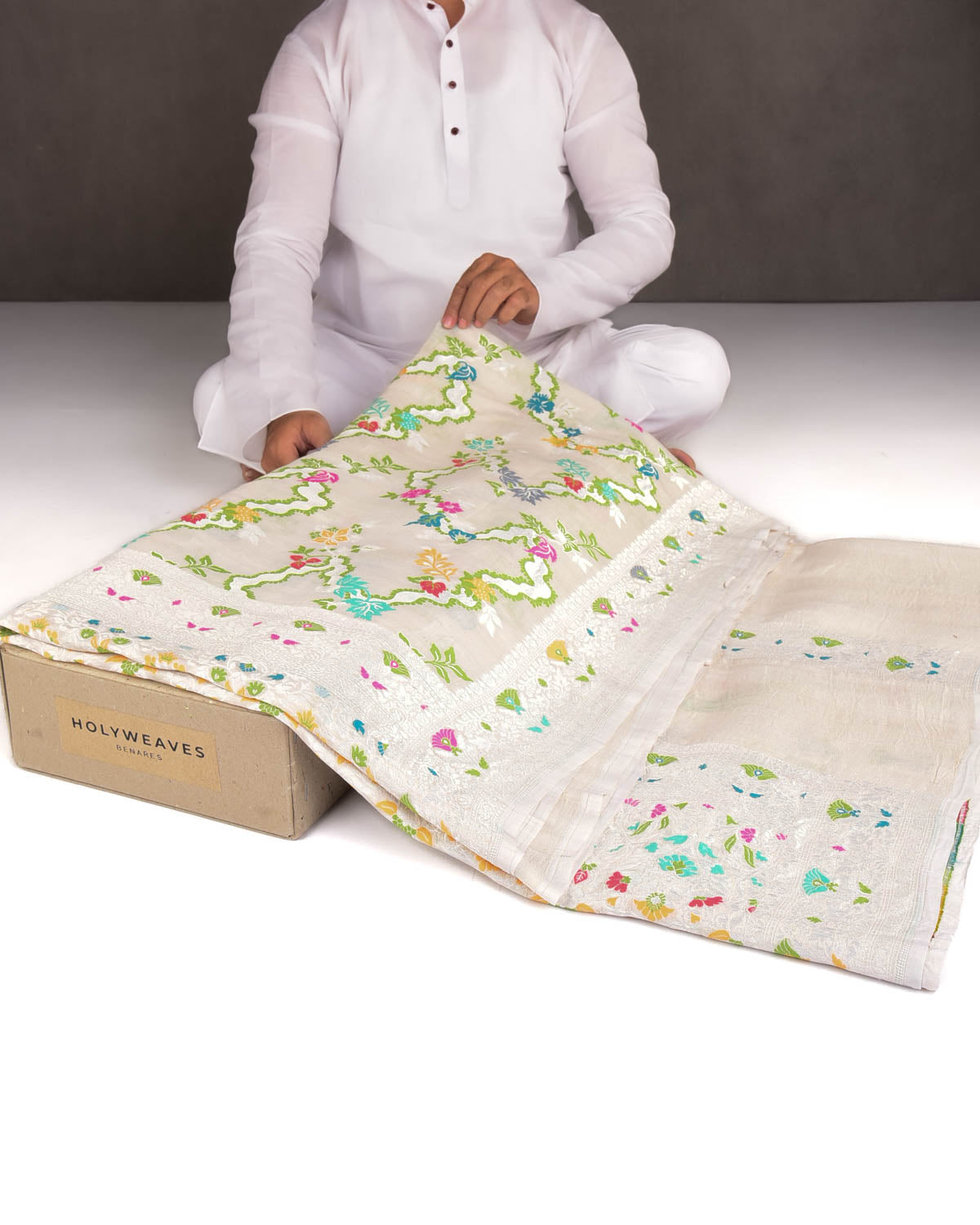 Beige Silver Zari & Resham Floral Jaal Cutwork Brocade Handwoven Tasar Georgette Banarasi Saree-HolyWeaves