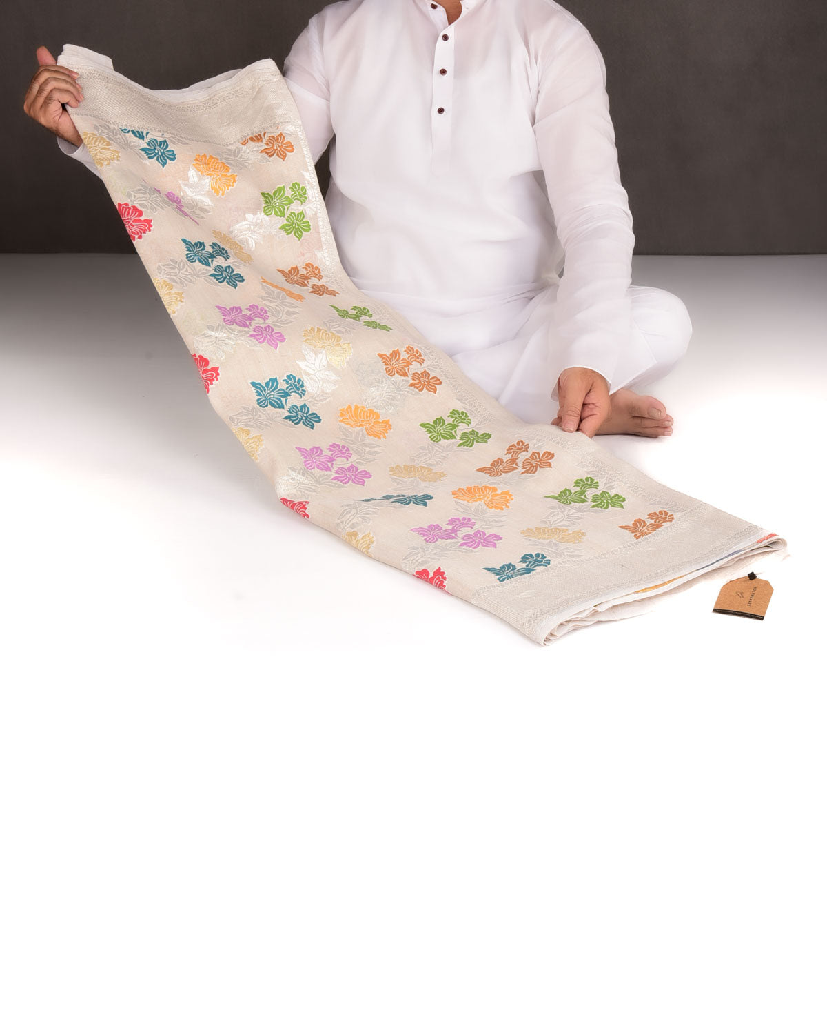 Beige Silver Zari & Resham Floral Jaal Cutwork Brocade Handwoven Tasar Georgette Banarasi Saree-HolyWeaves