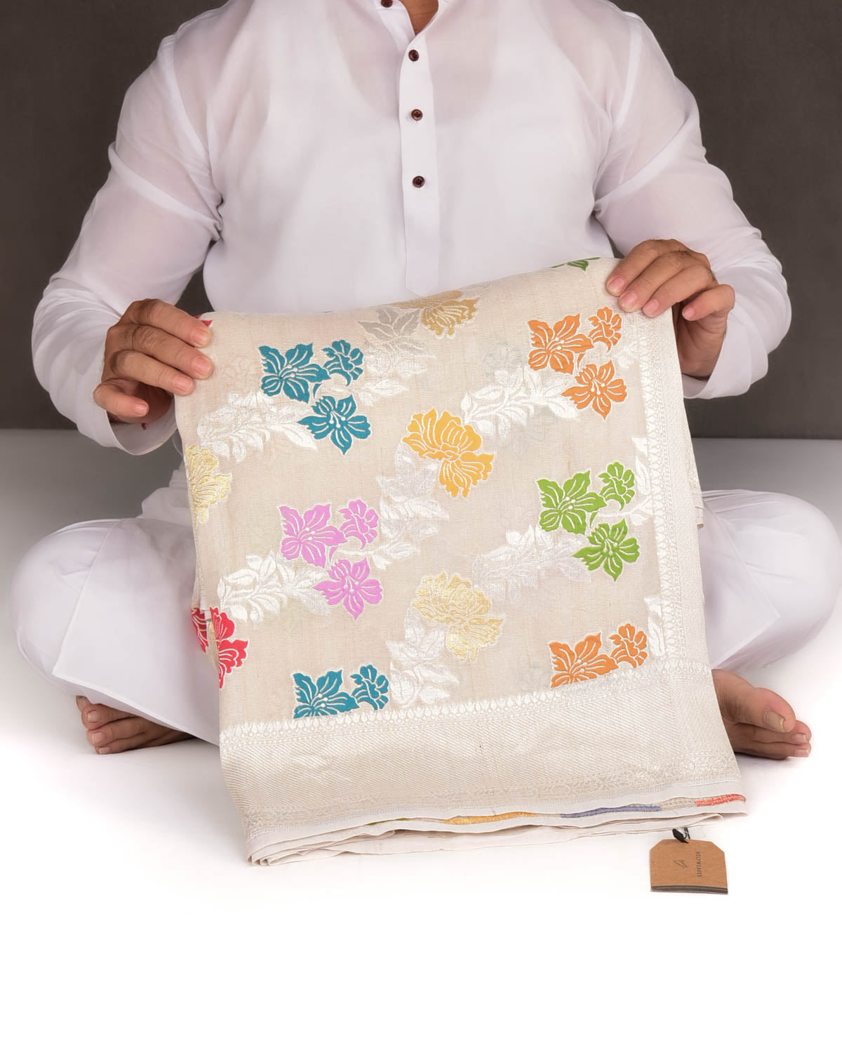 Beige Silver Zari & Resham Floral Jaal Cutwork Brocade Handwoven Tasar Georgette Banarasi Saree-HolyWeaves